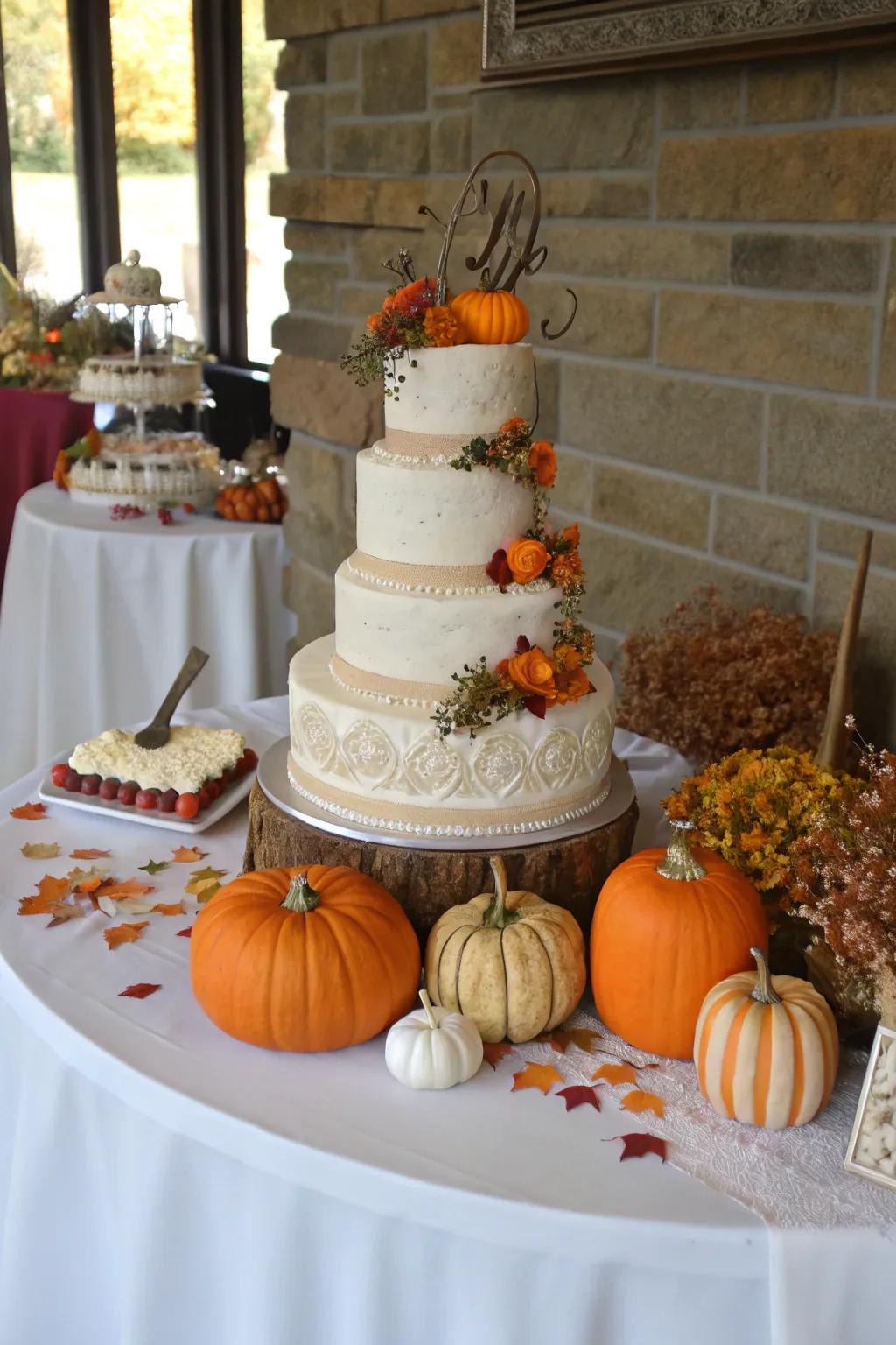 A cake table elegantly decorated with gourd highlights.