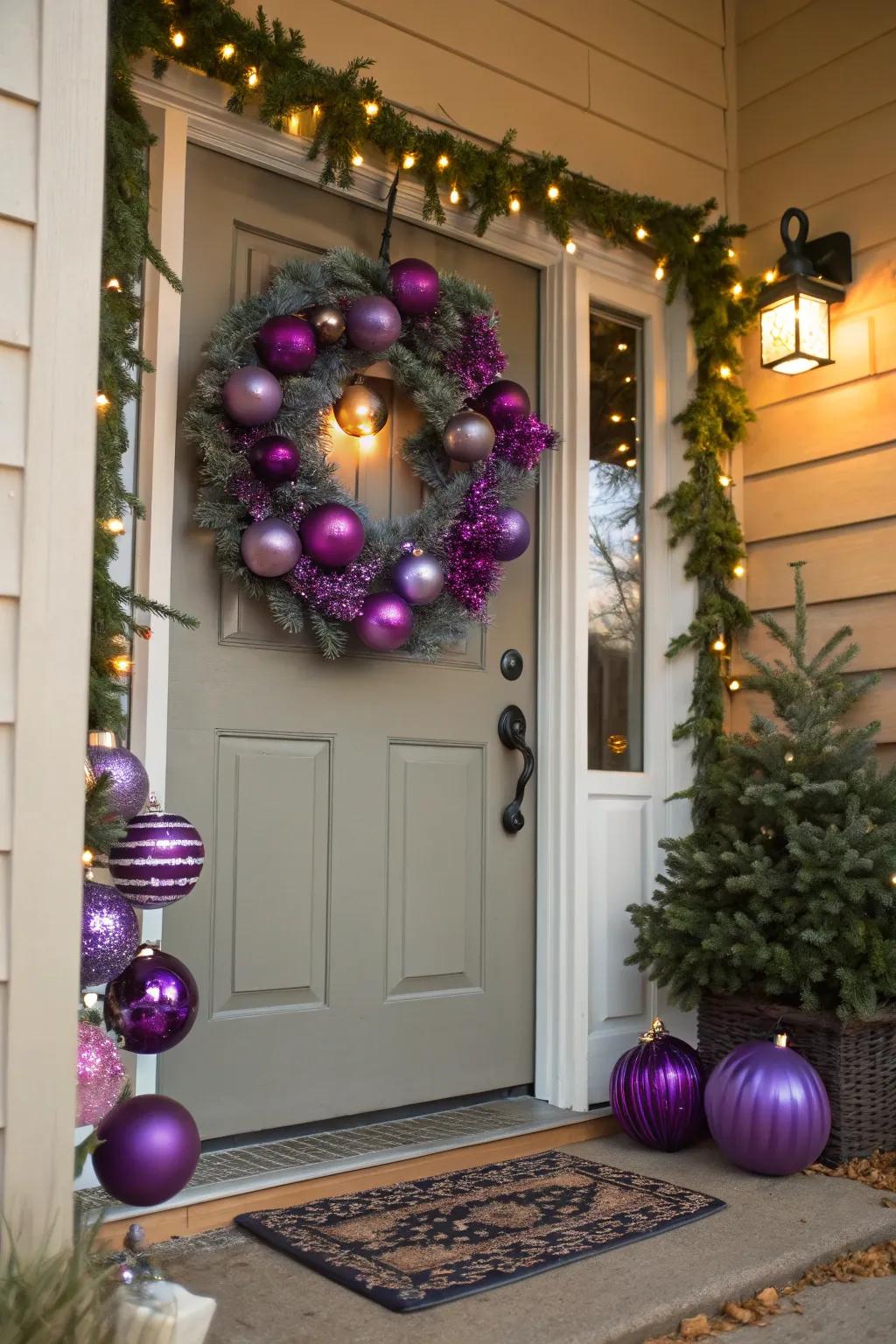 Mauve baubles crafting a lively and festive atmosphere.