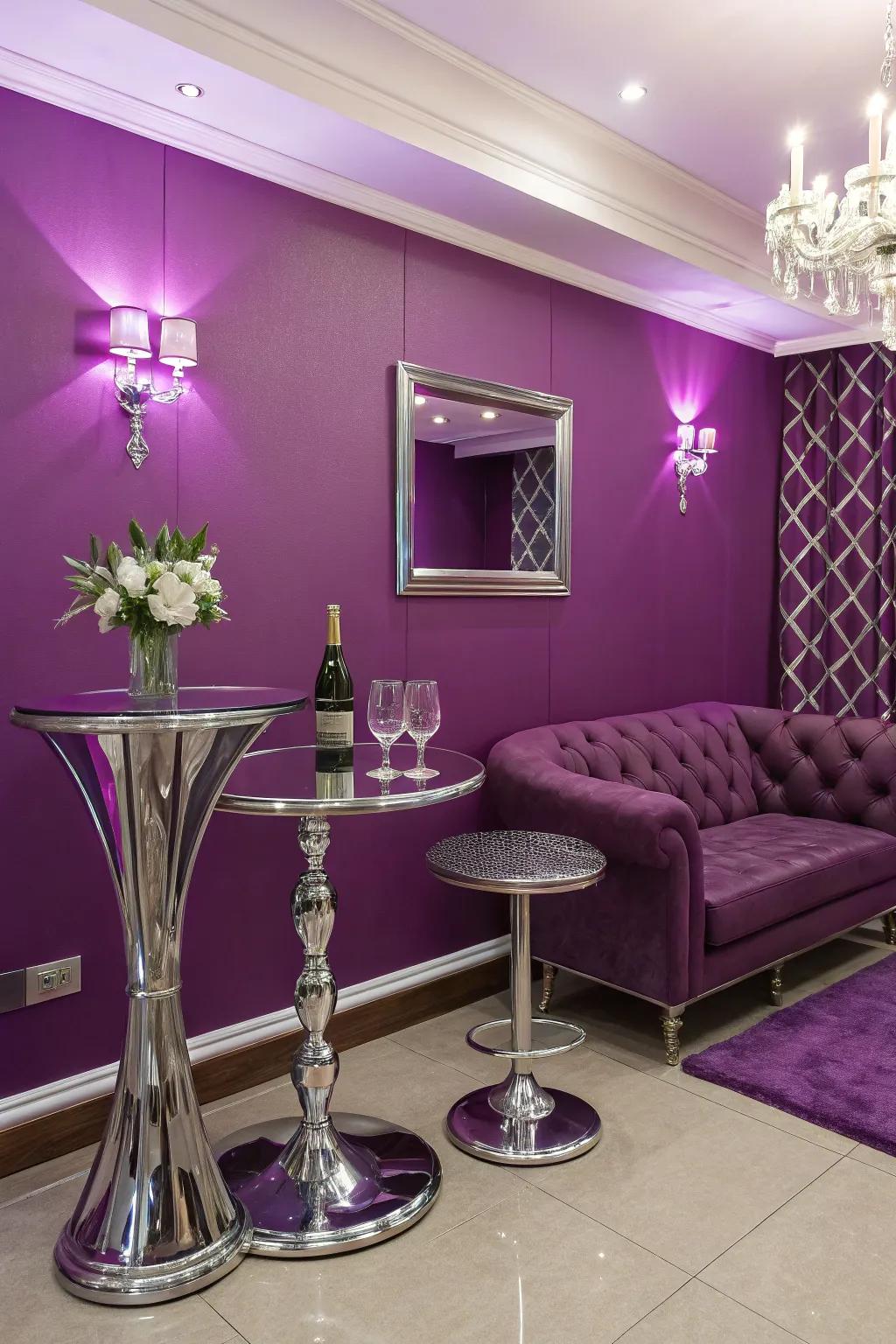 A modern space elevated through the combination of purple walls and metallic accents.