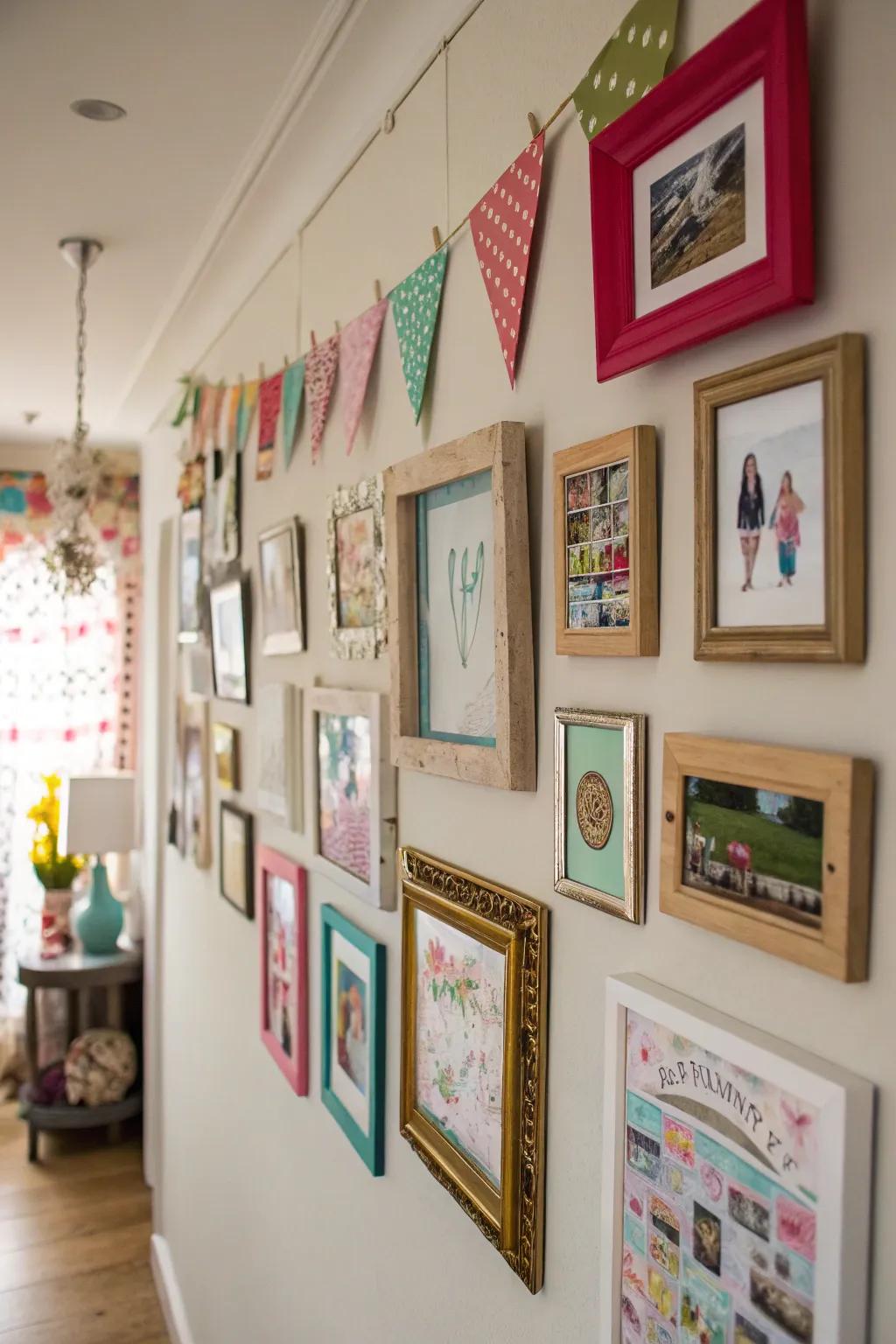 Handmade art exhibits create a personalized gallery.