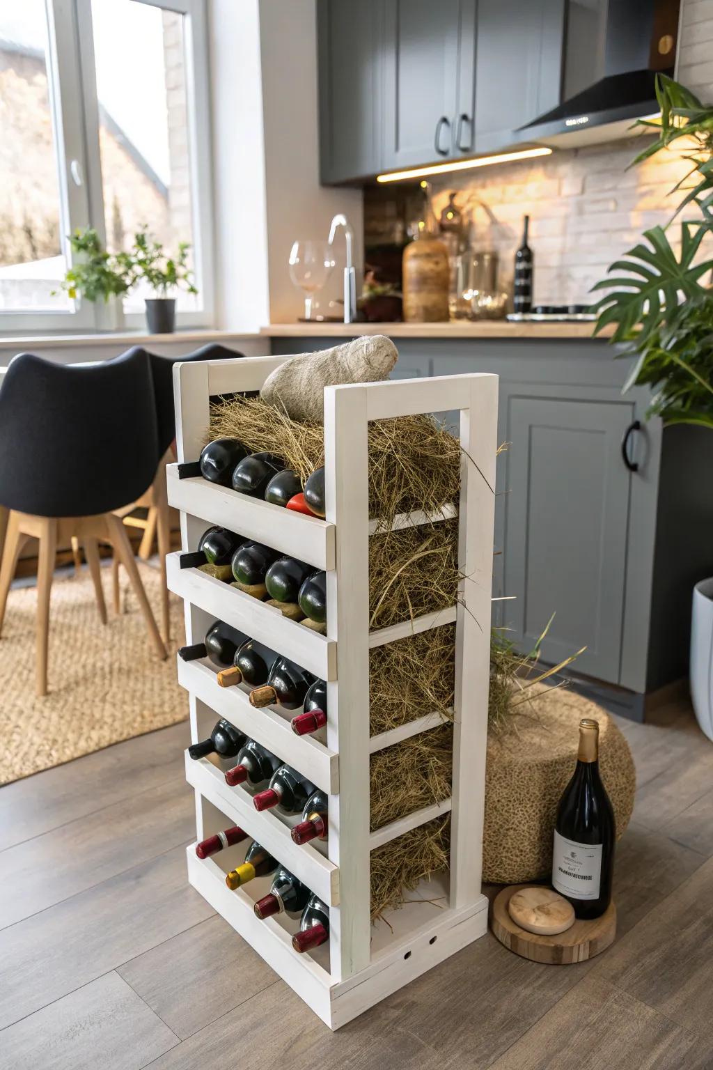A wine rack cleverly repurposed for hay.
