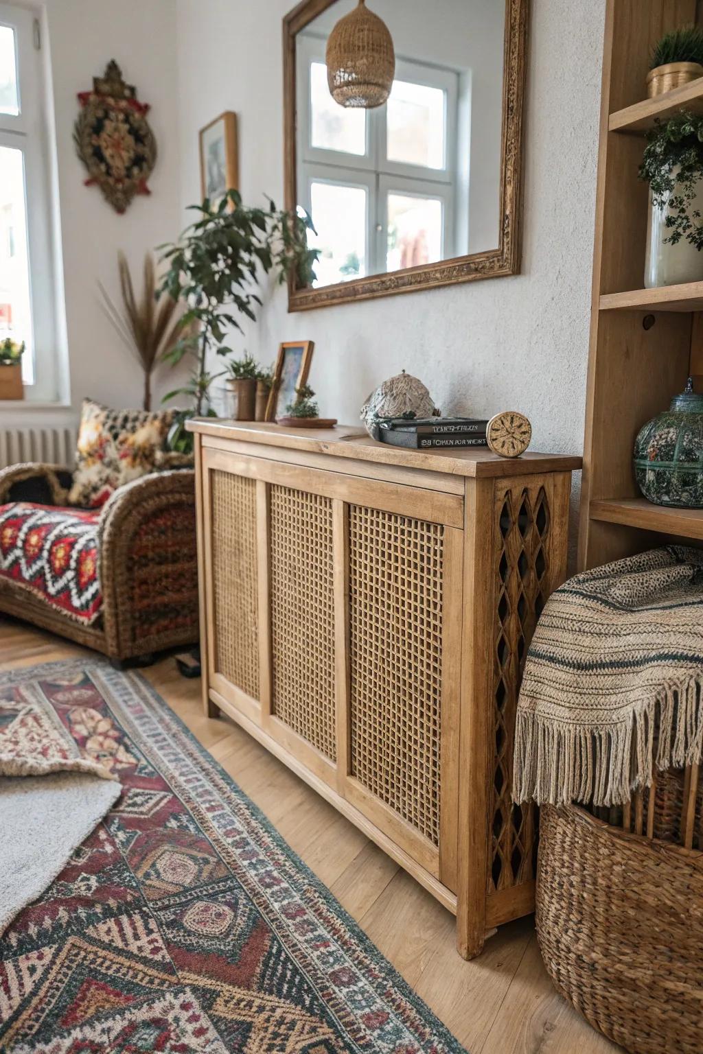 Cane interlace introduces a bohemian touch to a radiator face.