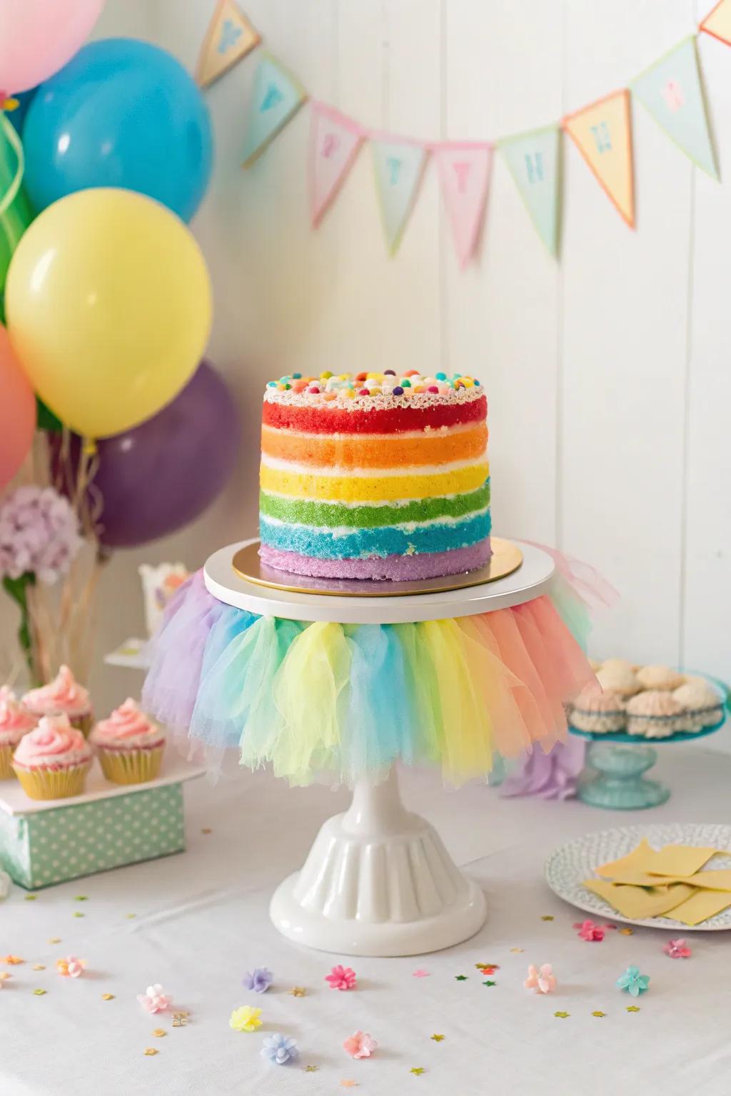 A tulle skirt confection stand appends whimsy and flair to any confection.