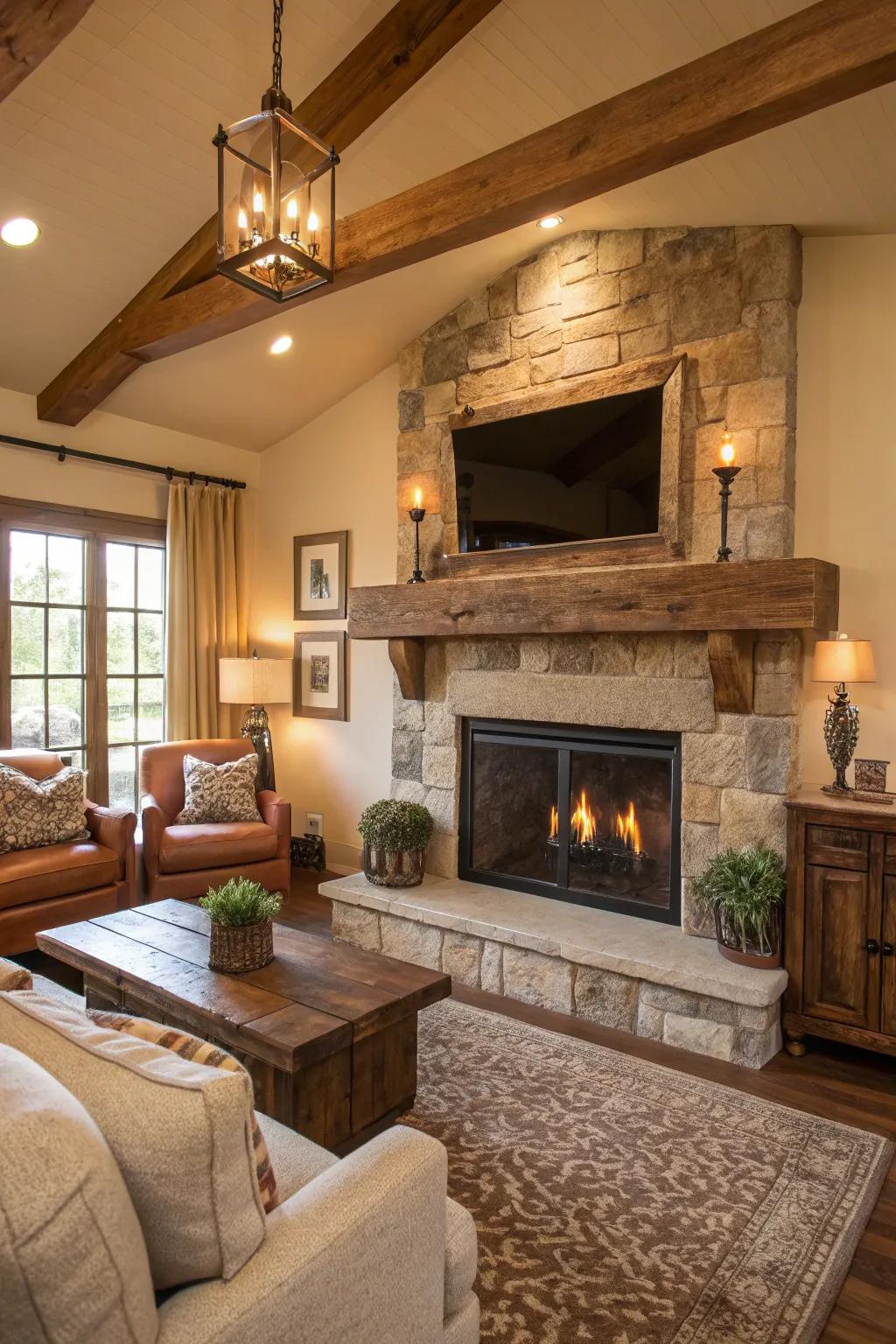 A custom mantel transforms the hearth into a cozy center point in this ranch house.
