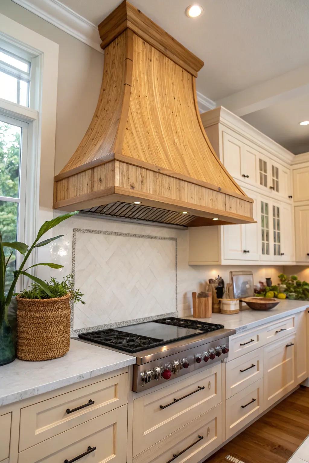 Bamboo range hood covering offers natural beauty and sustainability.