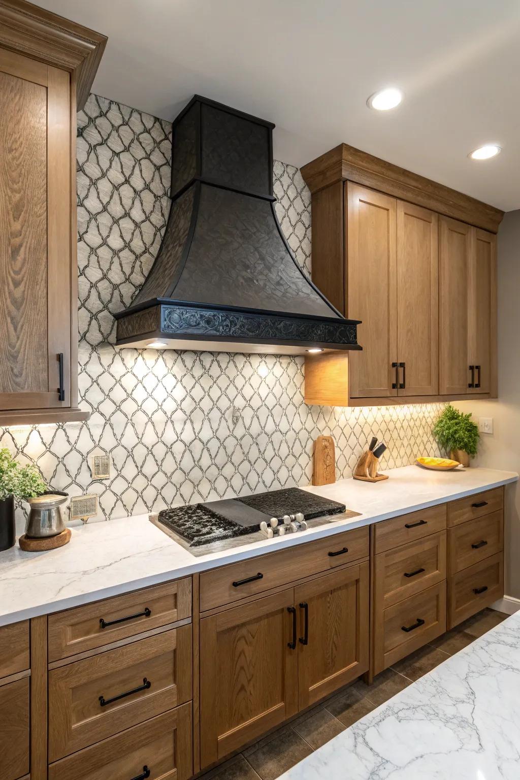 Kitchen showcasing bold contrast between a vent hood and backsplash for dramatic effect.