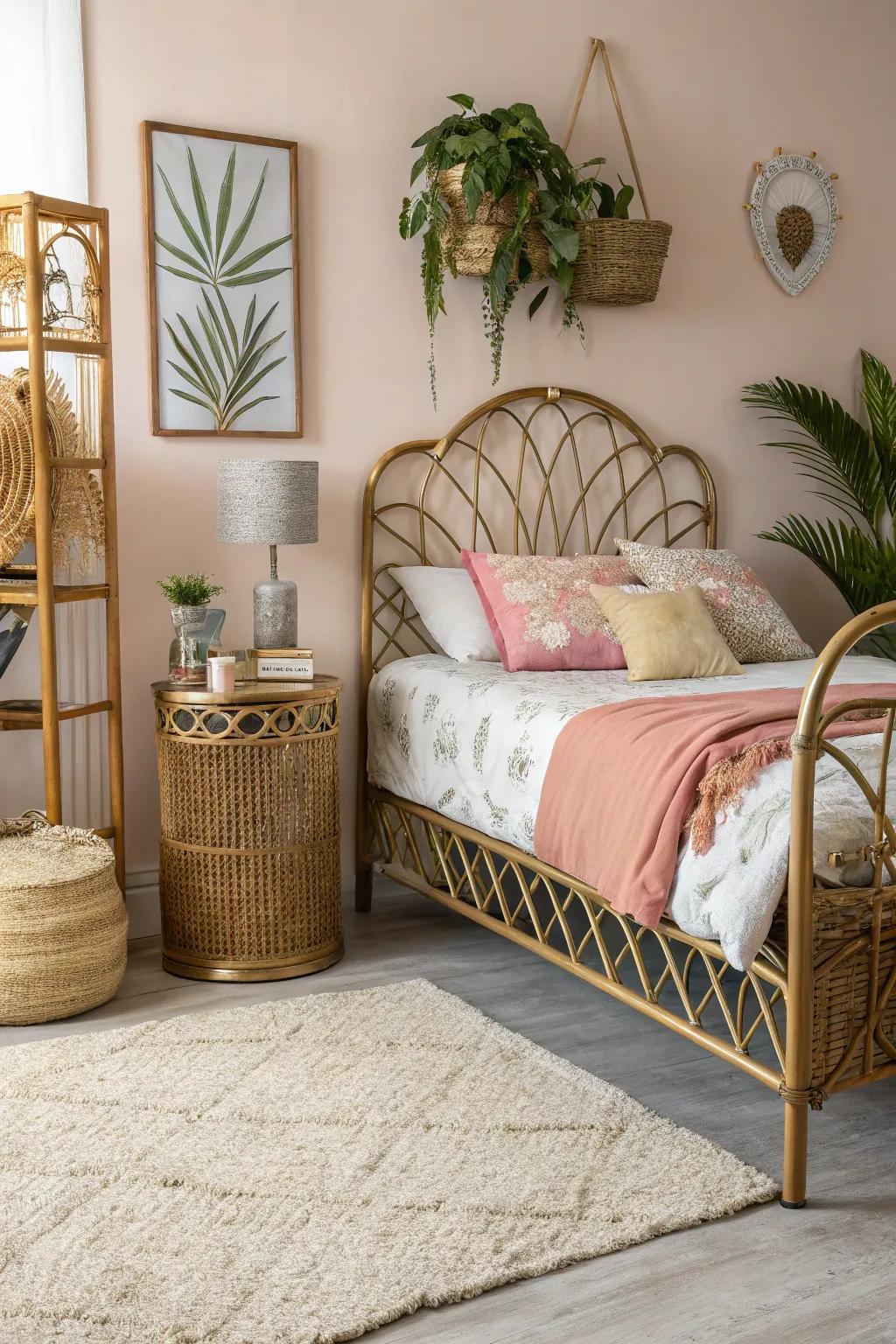 Rattan and metal create an edgy, chic bedroom design.