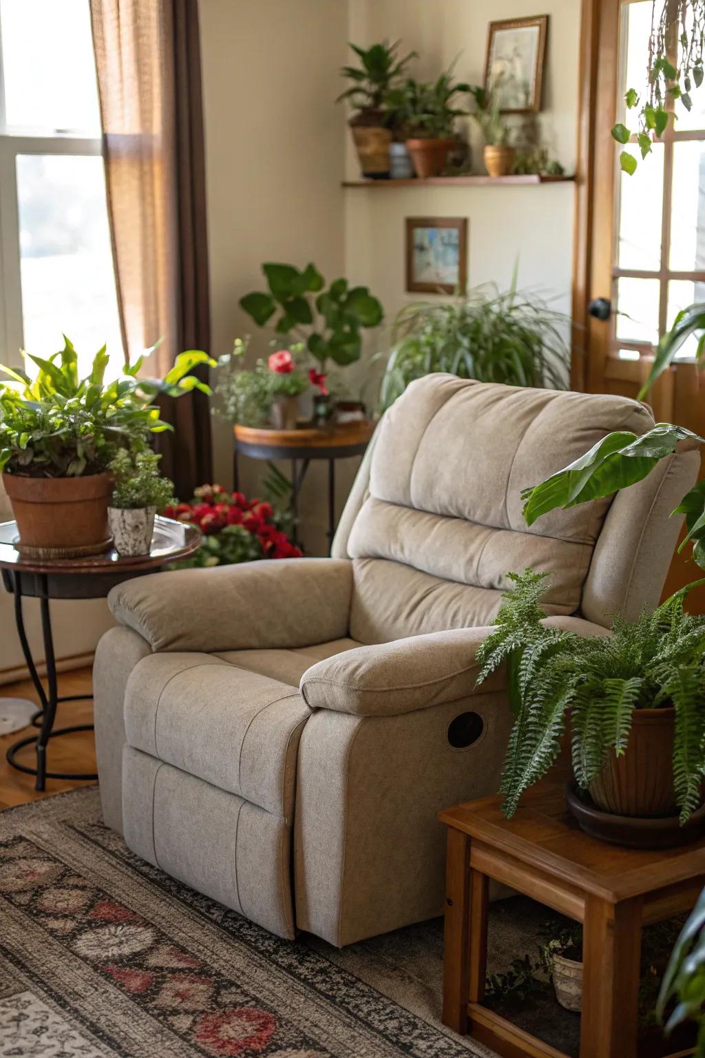 A vibrant living space with lush plants complementing the comfortable recliner sofa.