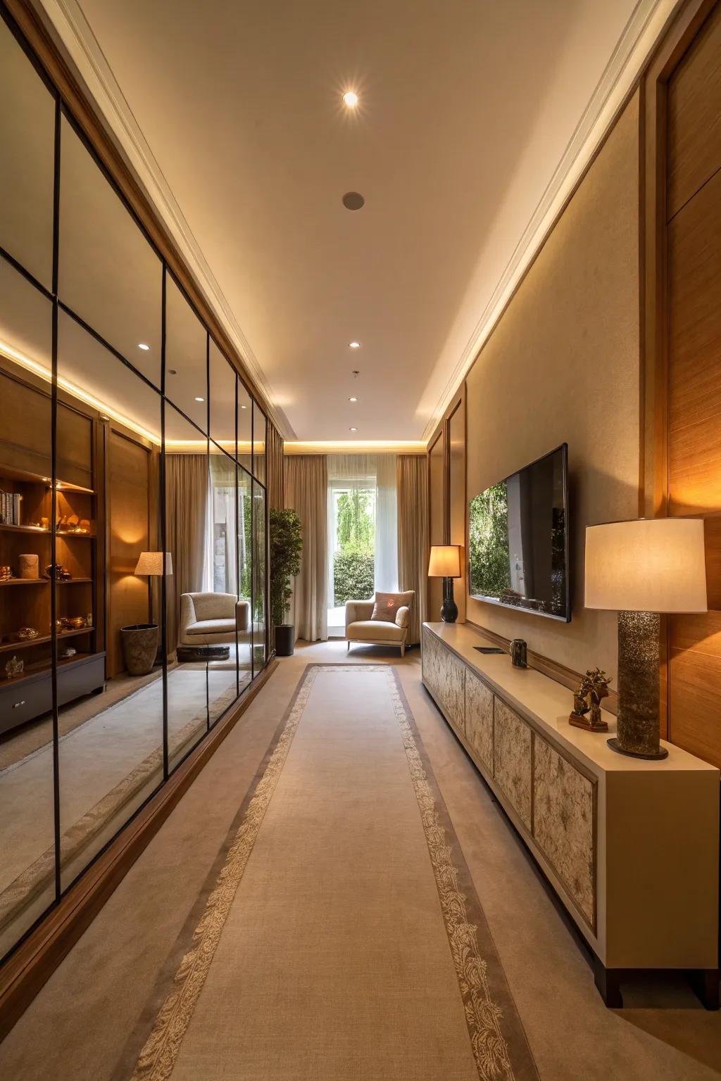 Mirrors give the illusion of space in slender living rooms.