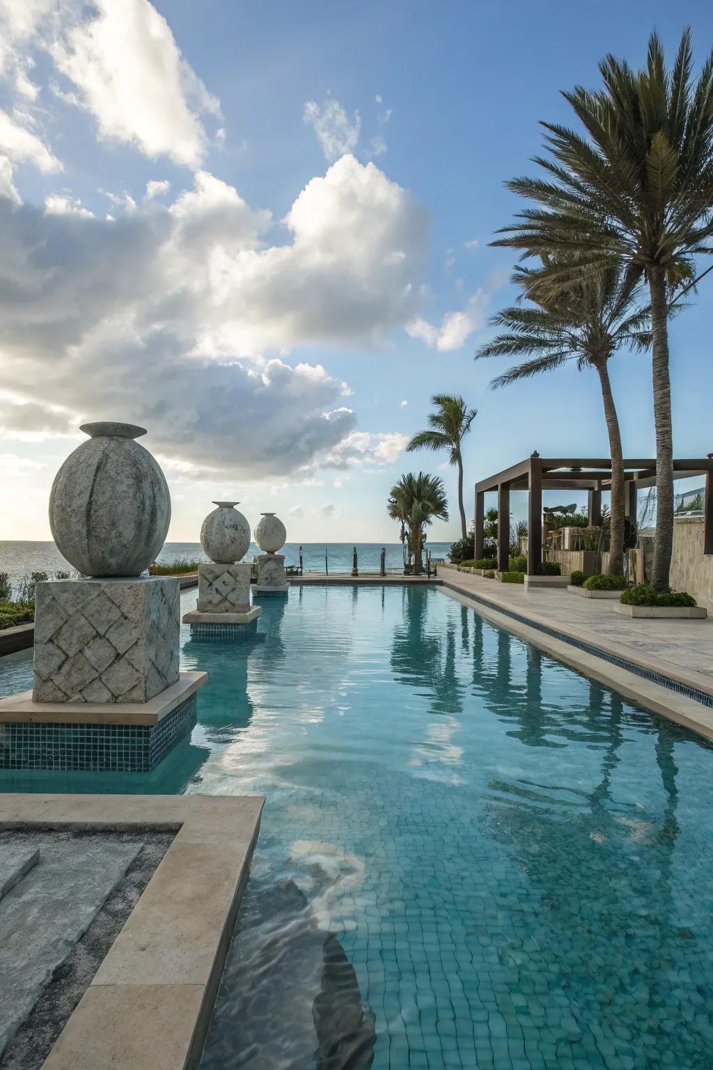 Artistic sculptures add an artistic vibe to the poolside.