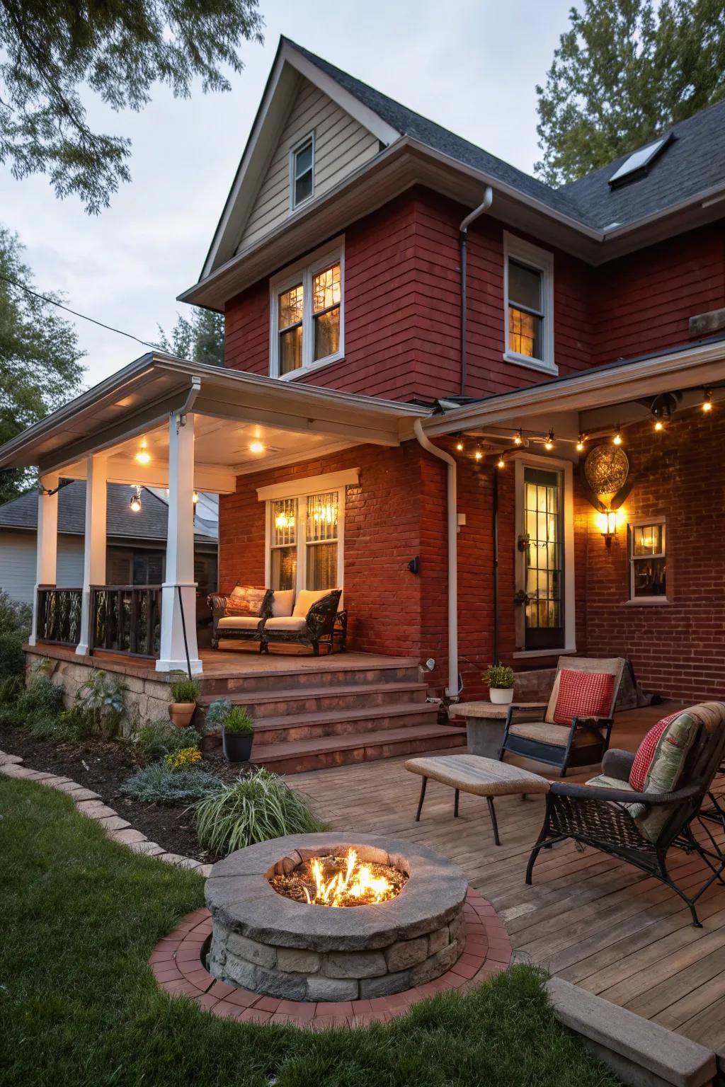 A fire pit creates a cozy gathering spot on this red brick porch.