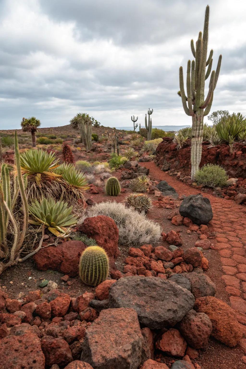 Crimson volcanic stones heighten the allure of this desert landscape design.