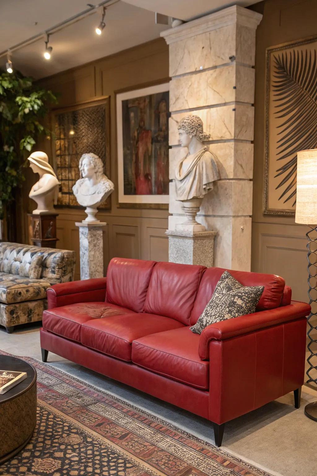 Artistic figures inject elegance and intrigue into a family room featuring a crimson hide sofa.