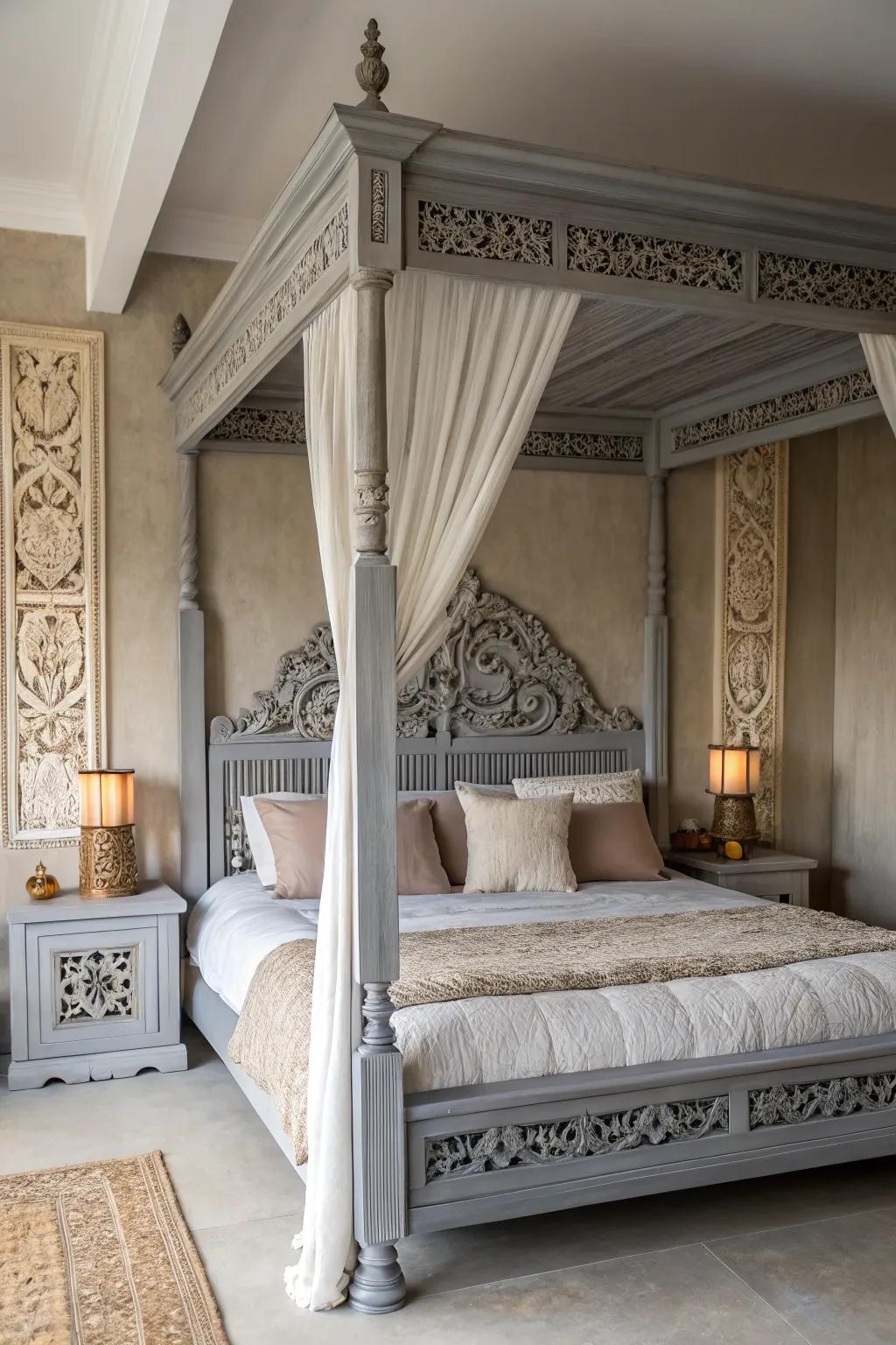 A unique bedframe becomes the focal point of a repose gray bedroom.