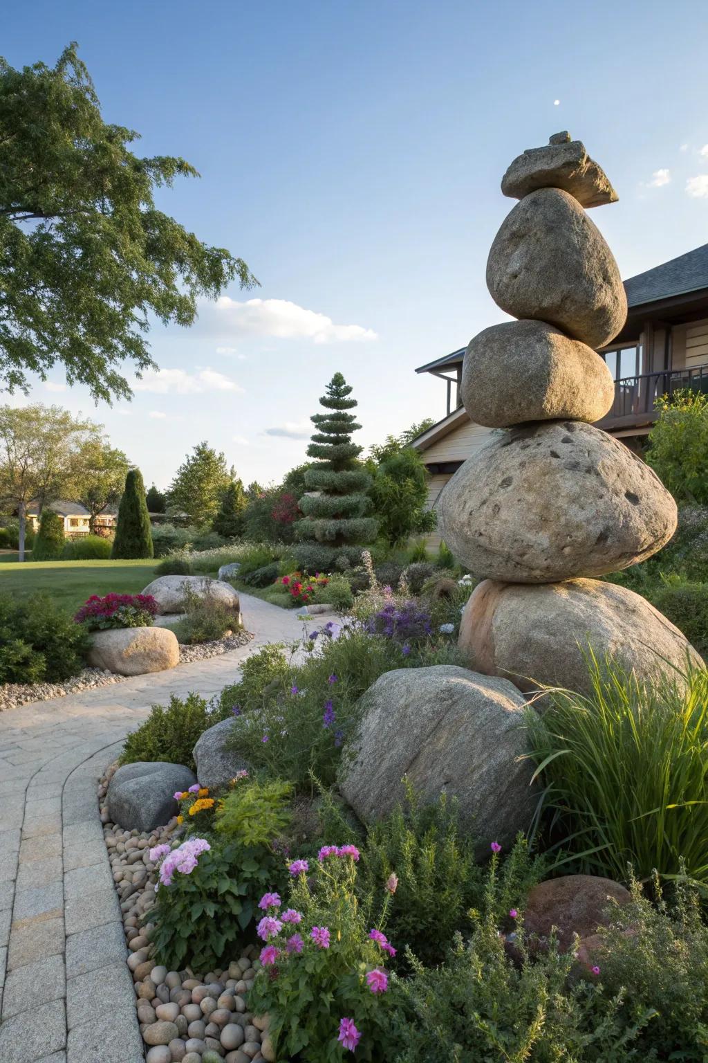 Artistic stone arrangements manifest stunning garden sculptures.