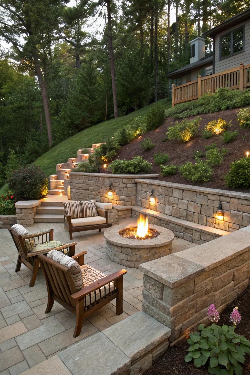 Fire pits bring warmth and a focal point to retaining wall designs.