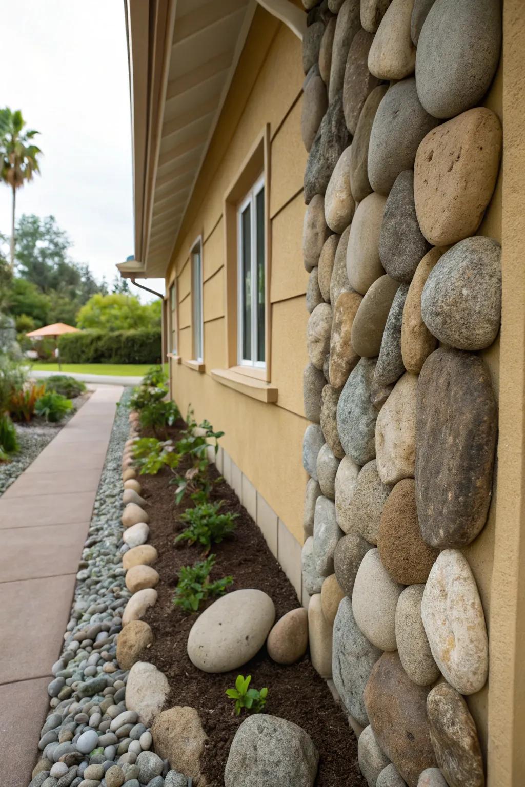 An artful river stone scheme infuses allure and protection to this home's base.