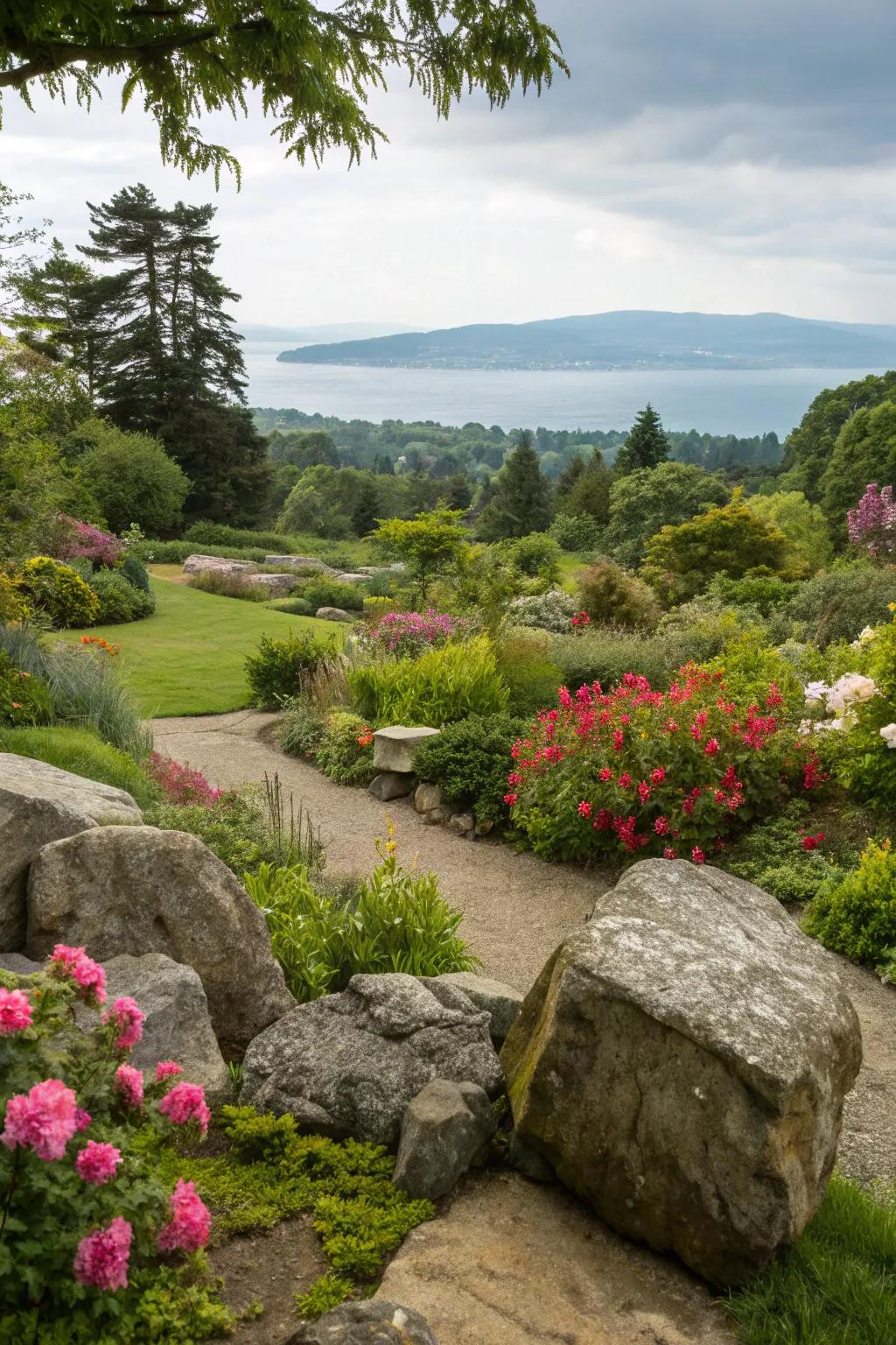 Rocks frame the panorama, heightening the garden's organic grandeur.
