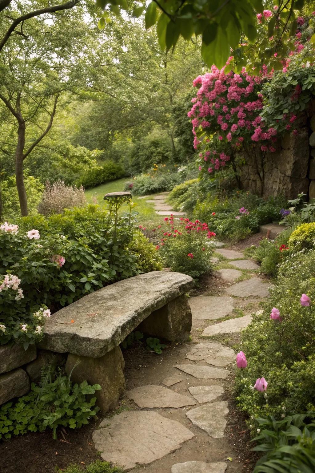 An organic stone bench providing a cozy seating area in a garden.