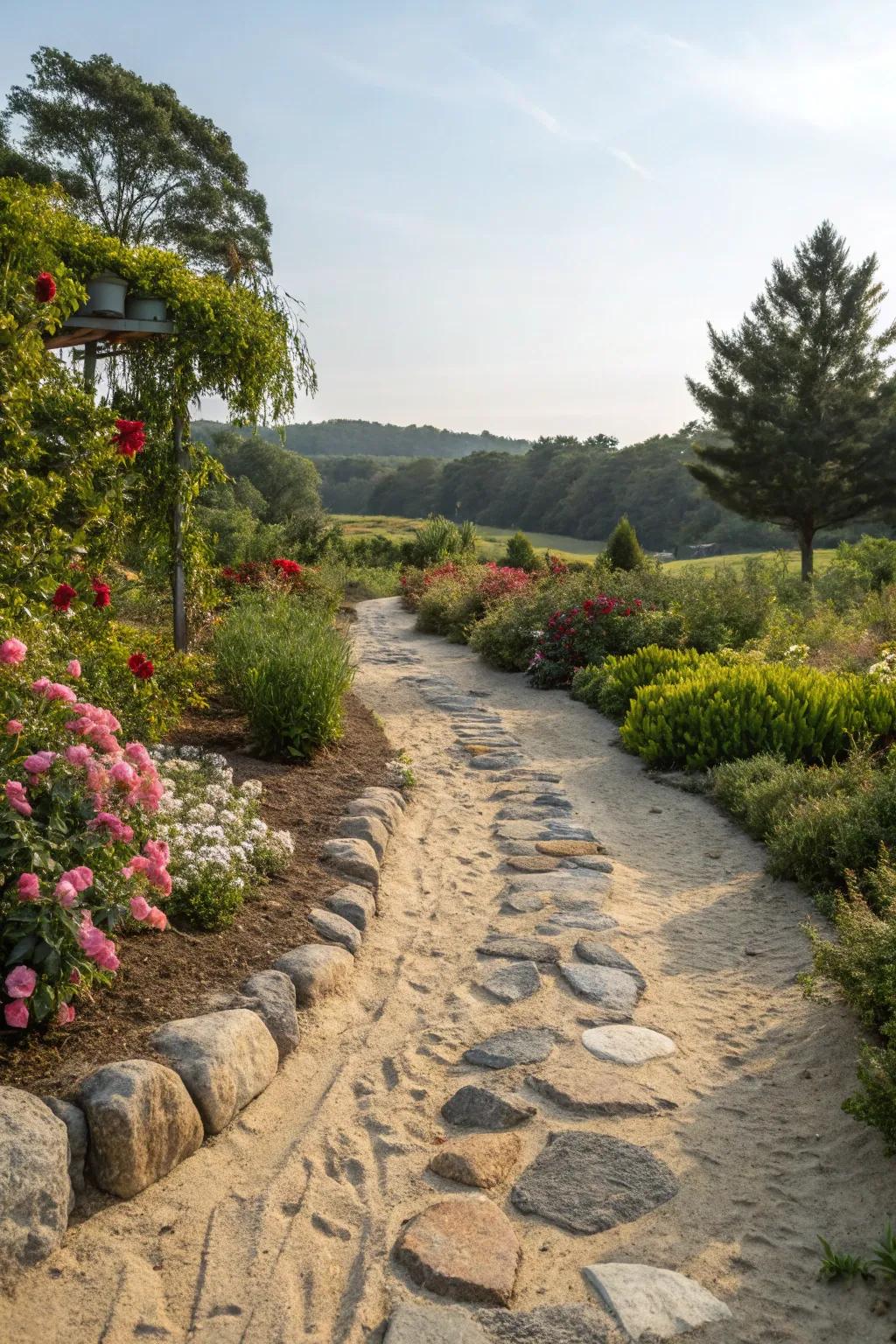 Sand and stones evoke coastal charm in garden paths.