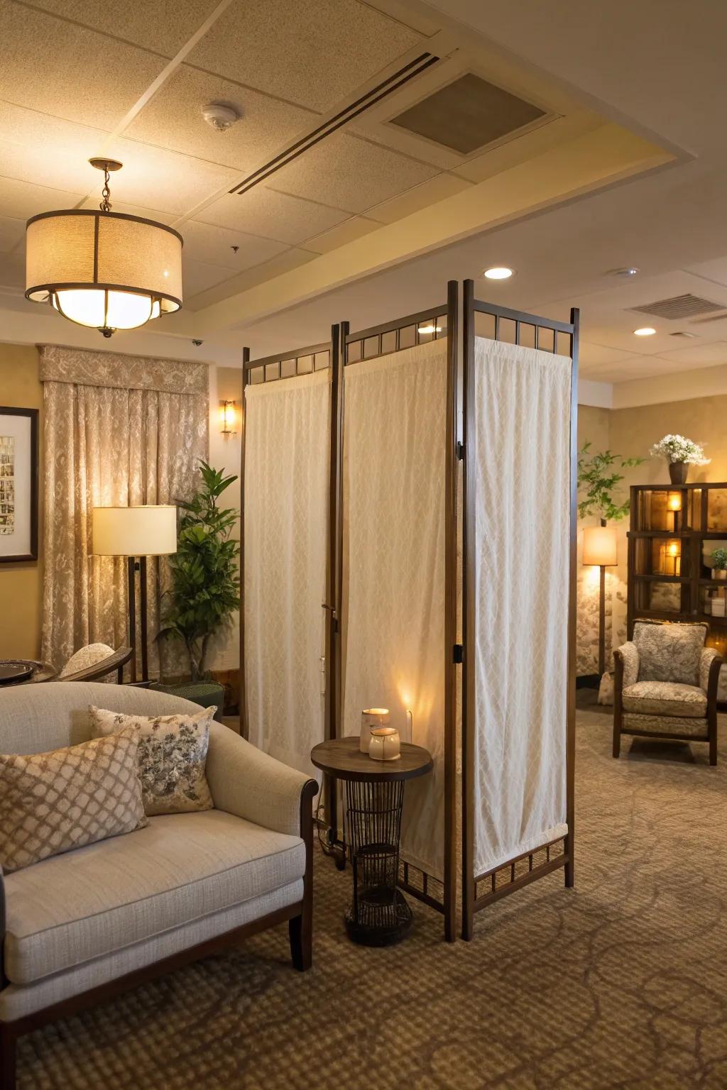 Fabric screens offer a lightweight, colorful method to divide and enhance spaces.
