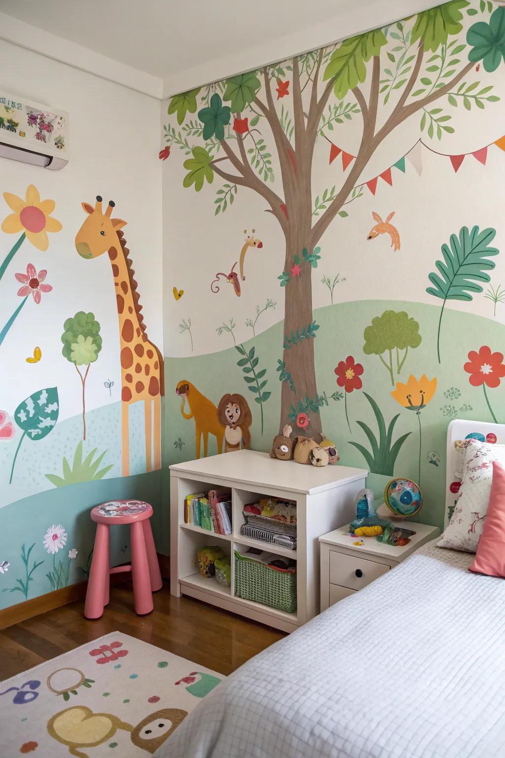 Painted scenes transform children's spaces into imaginative and playful zones.