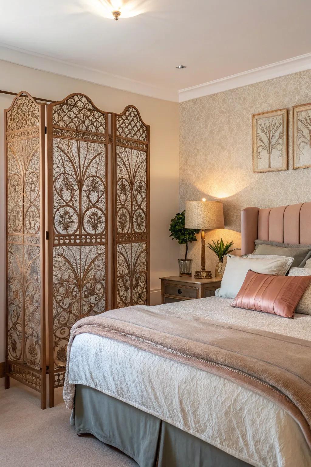 This rose gold screen is an easy way to add character to any bedroom.