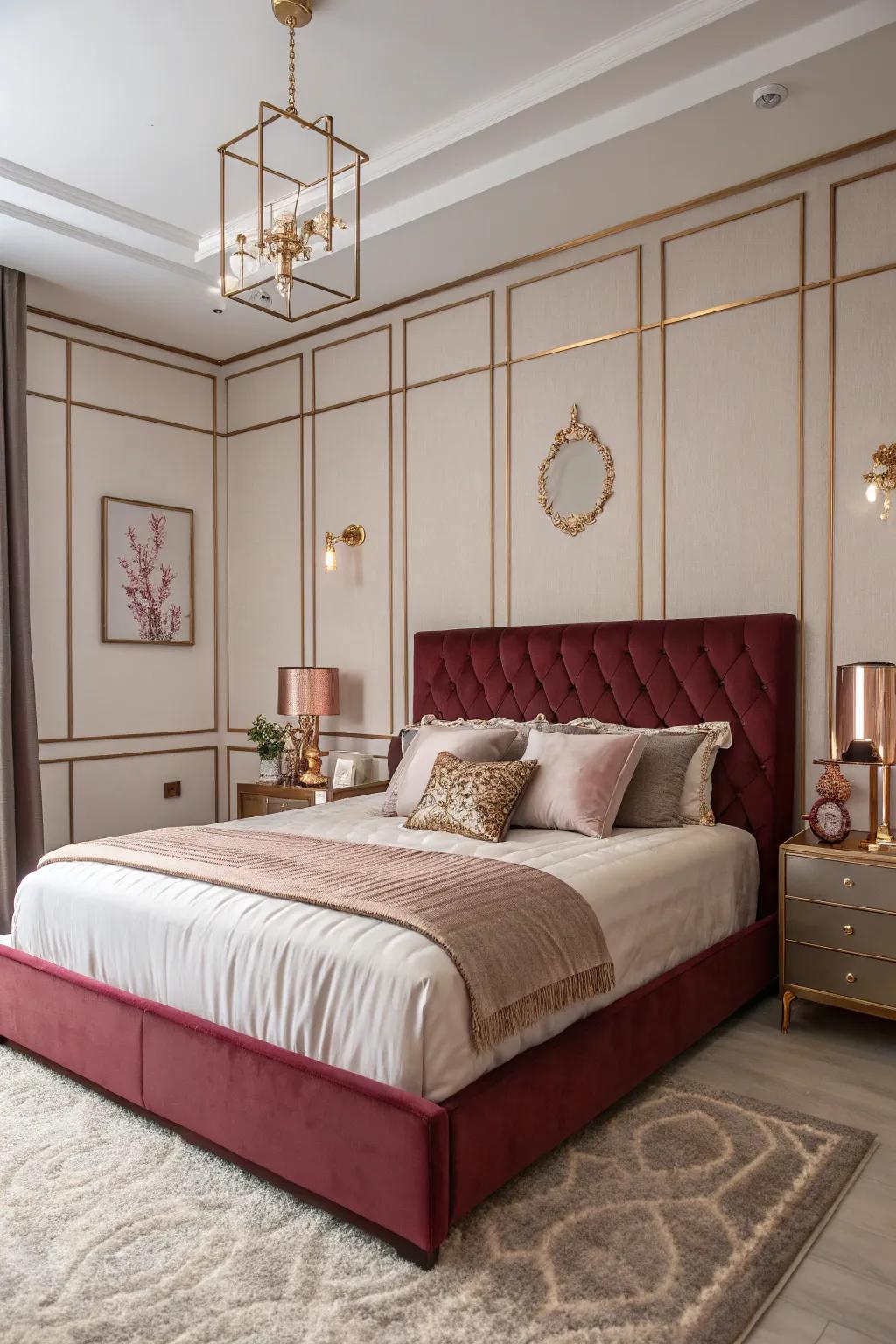 A burgundy bed frame serves as a striking focal point in the bedroom.