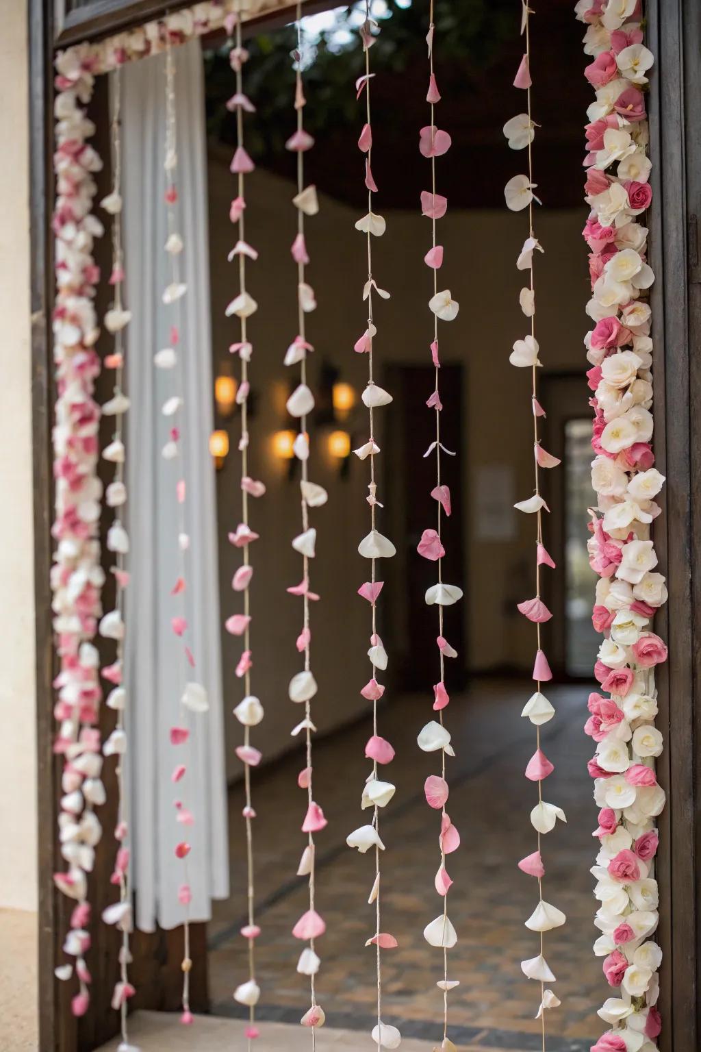 A whimsical drape crafted from hanging rose petals