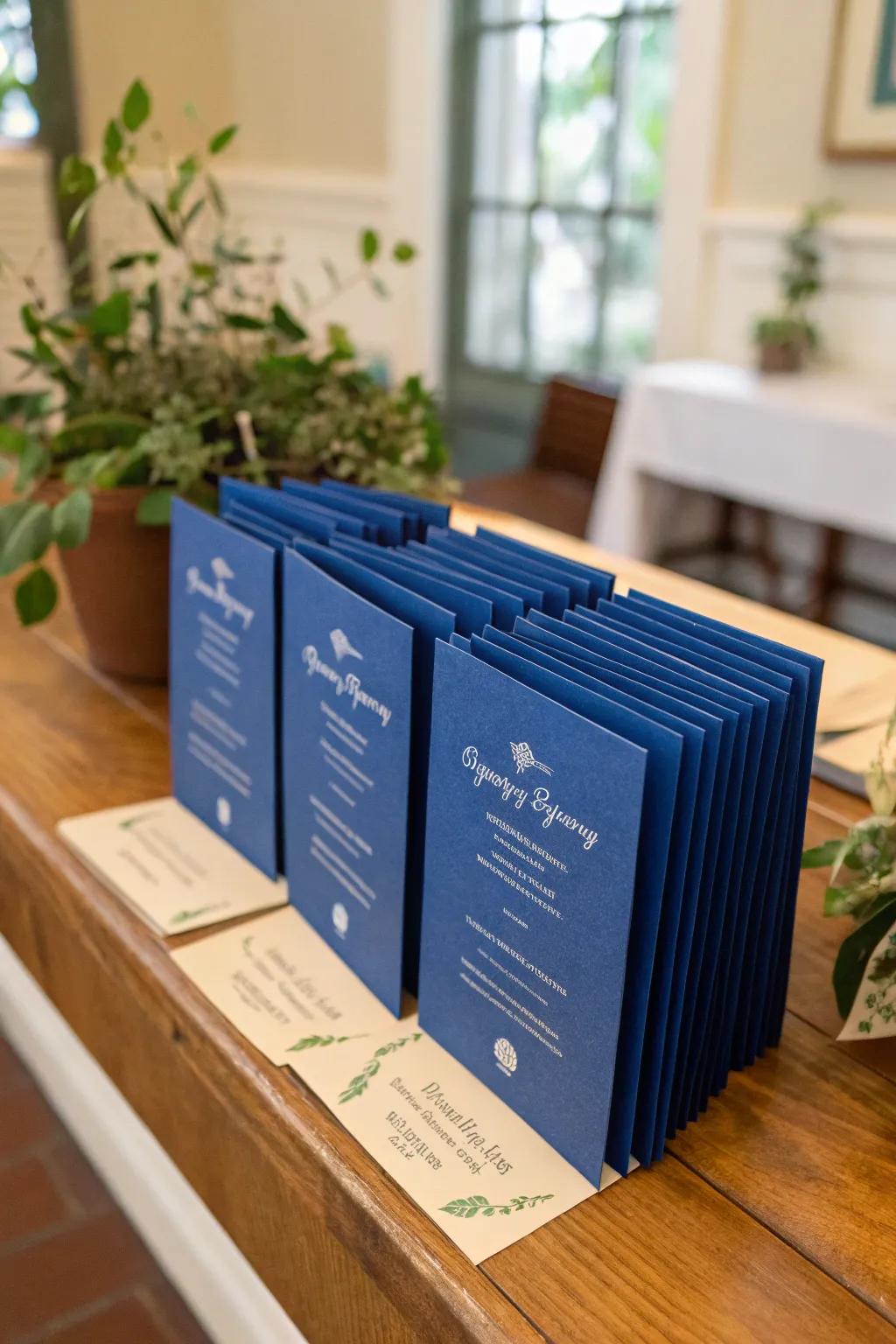 Eco-friendly wedding programs in royal blue, combining style and sustainability.