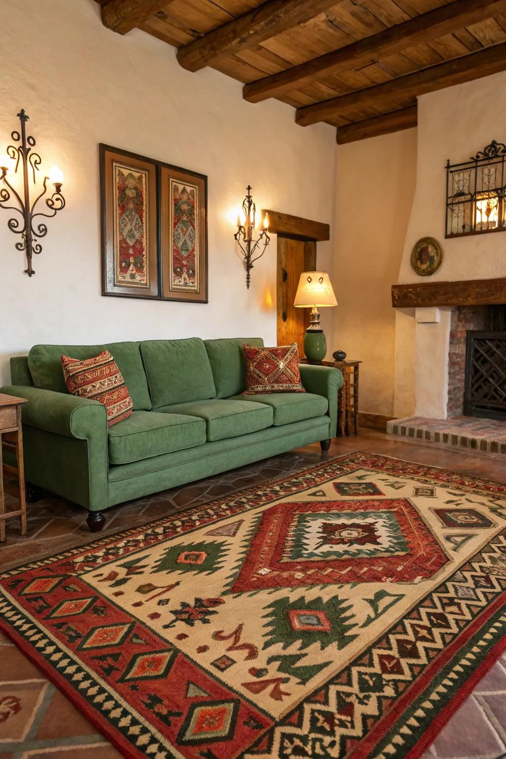 Southwestern ground coverings convey warmth and cultural charm.