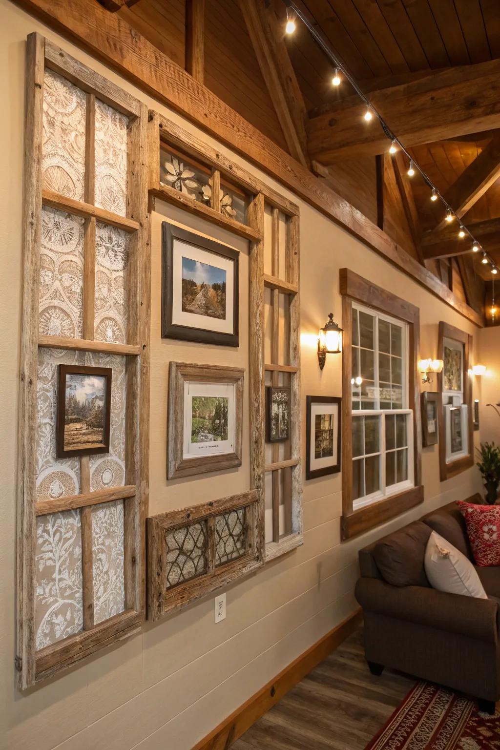 Upcycled window casings evoke vintage beauty.