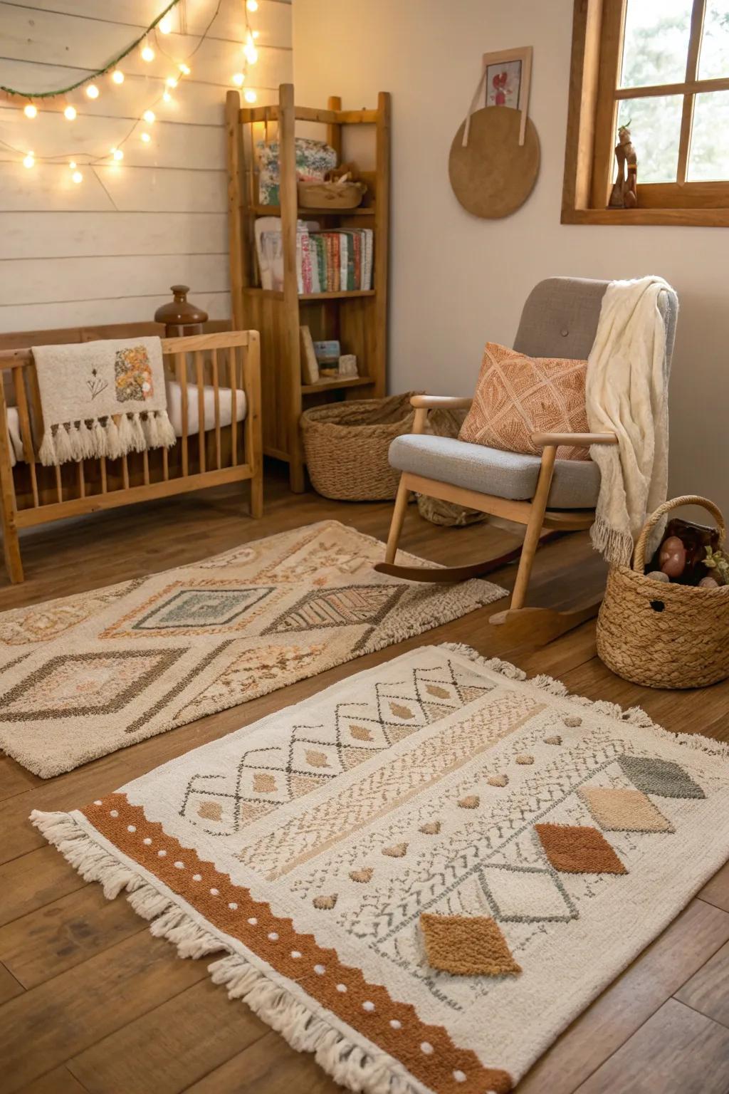 Tiered rugs introduce depth and texture.