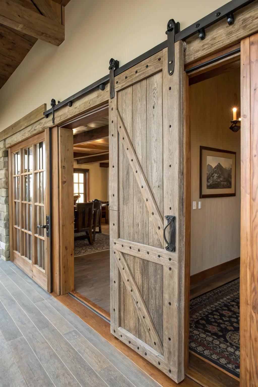 Rustic hardware tracks add function and style to sliding doors.