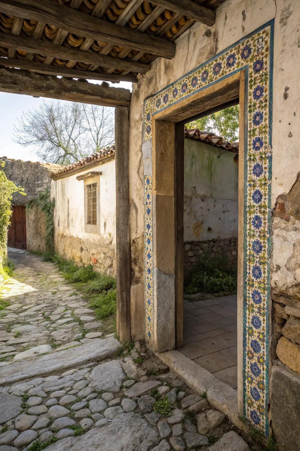 An unexpected use of tiles in a doorway adds a surprising country twist.