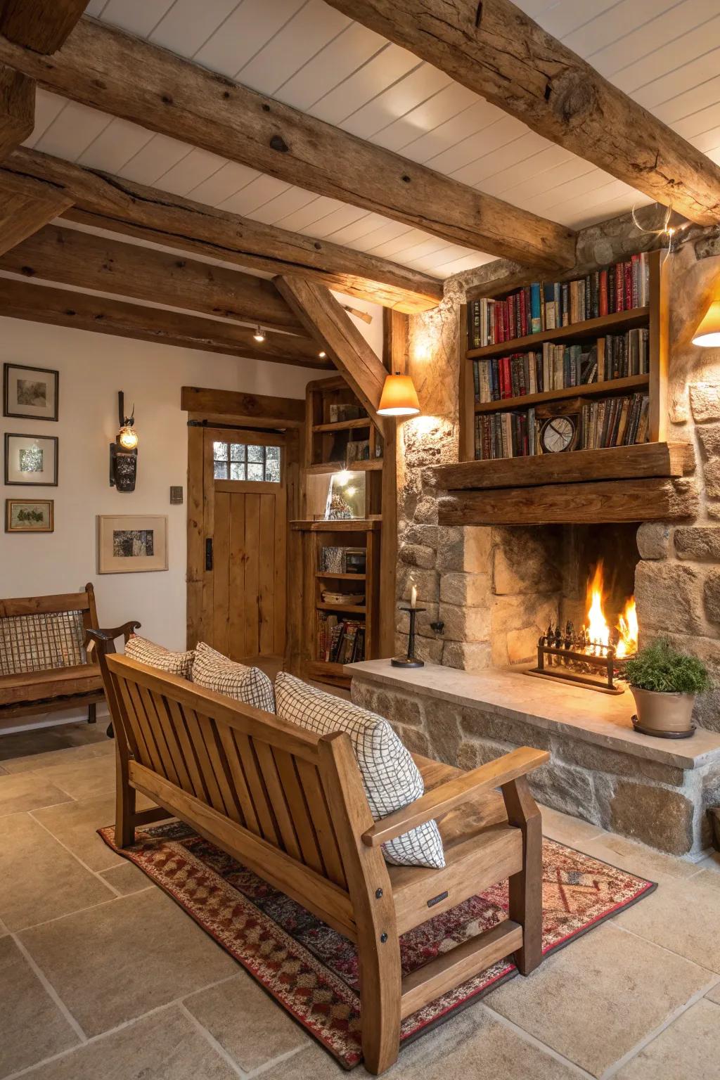 A fireplace bench crafts an inviting gathering spot in the area.