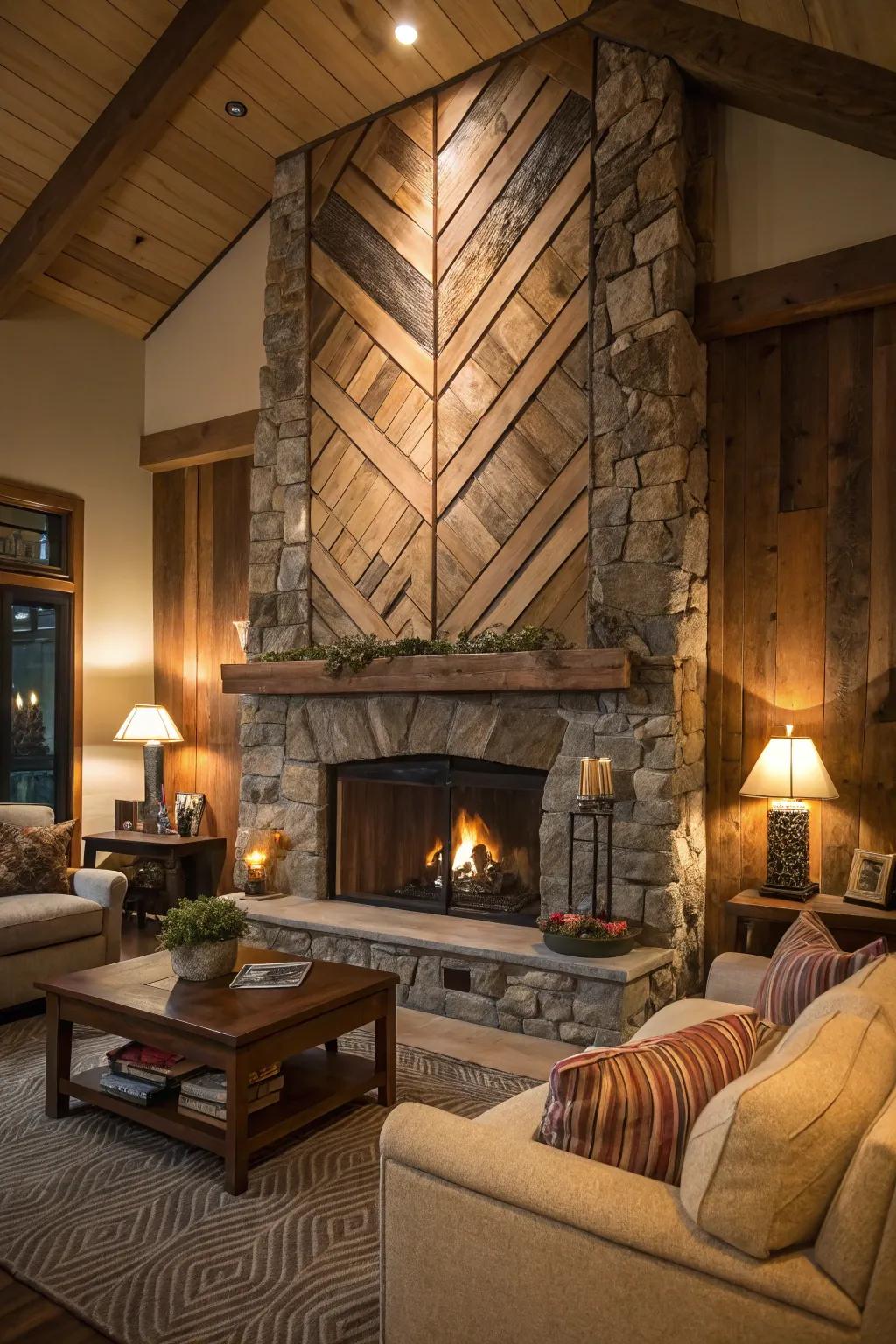 A feature wall fashions a stunning backdrop for this country-style fireplace.