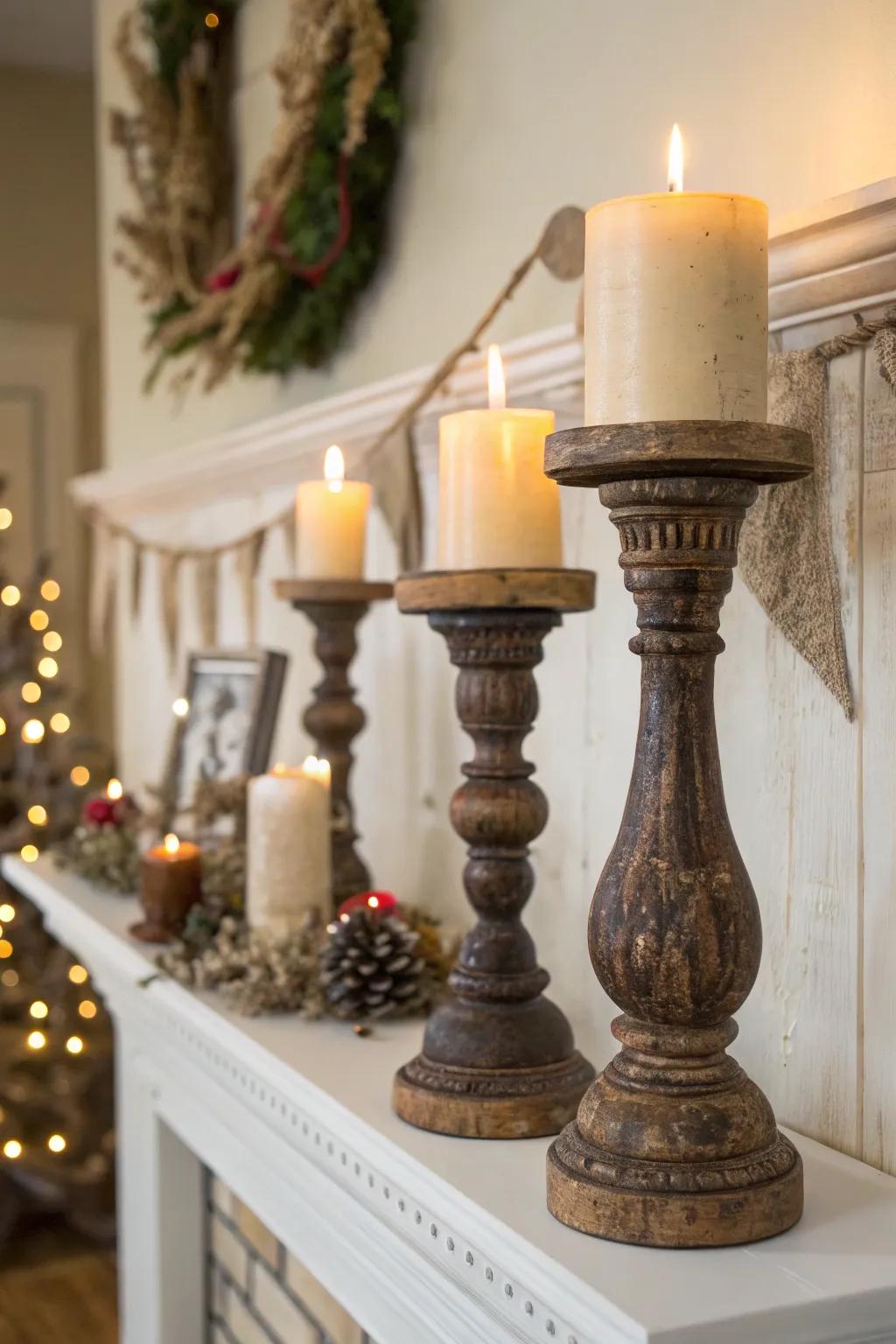 Countryside candle holders fashion a flickering ambiance upon this mantel.