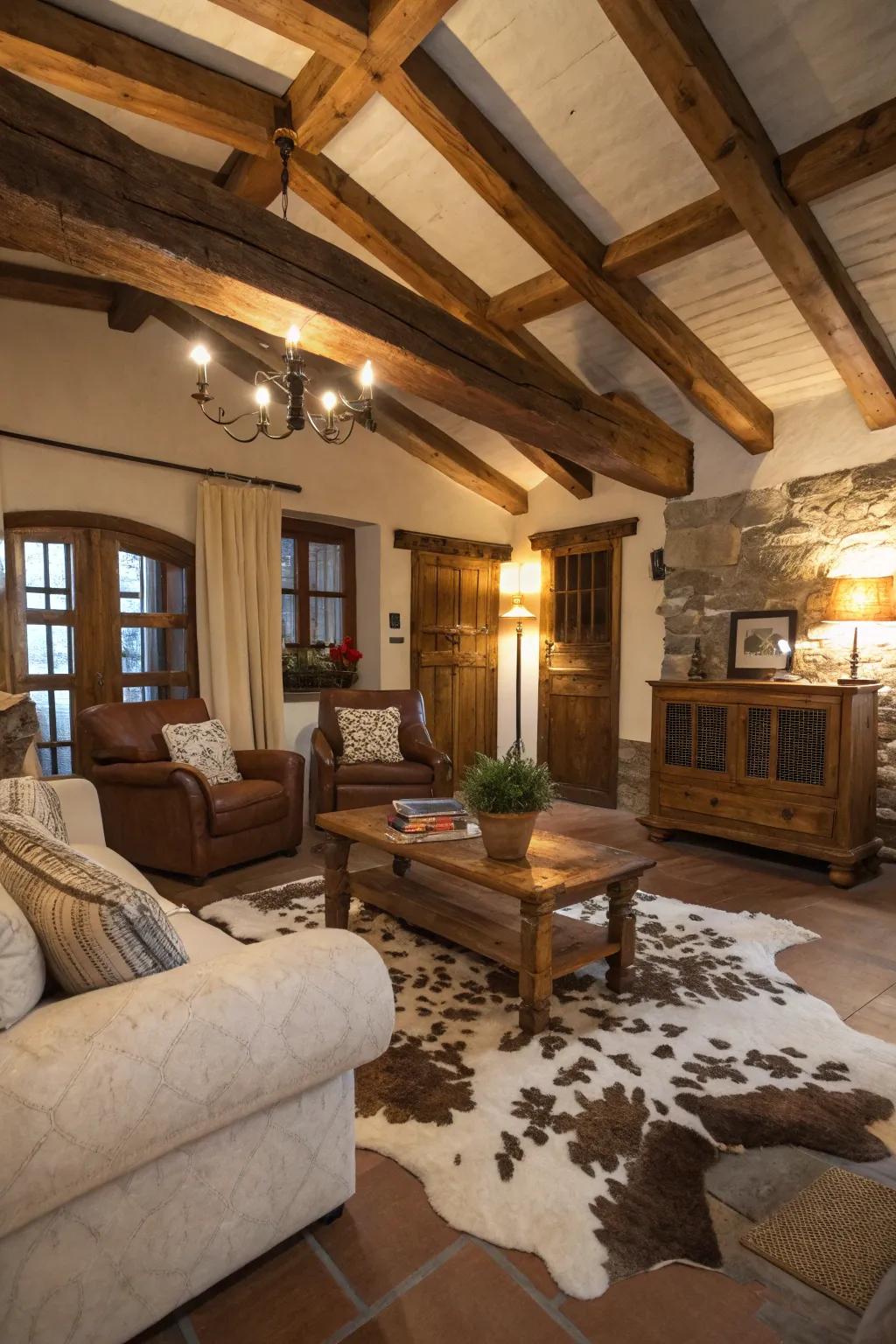 Cowhide rugs contribute texture and a rustic edge to living spaces.