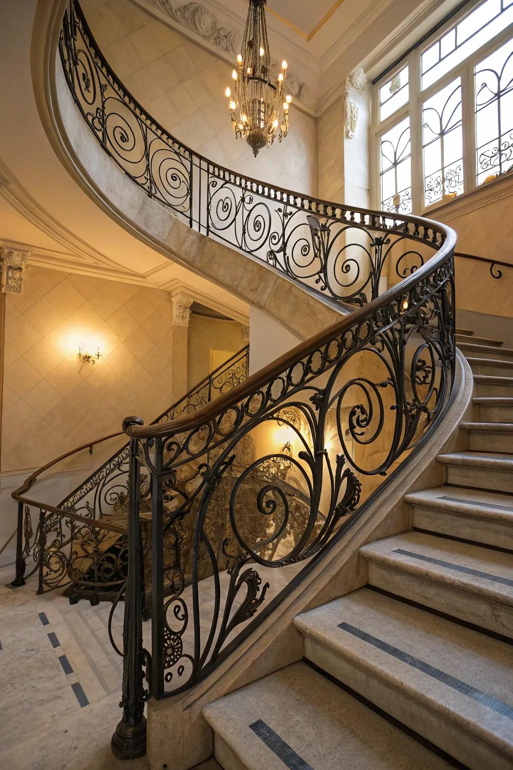 Artistic alloy work railings that enhance the visual appeal of a rustic stairway.