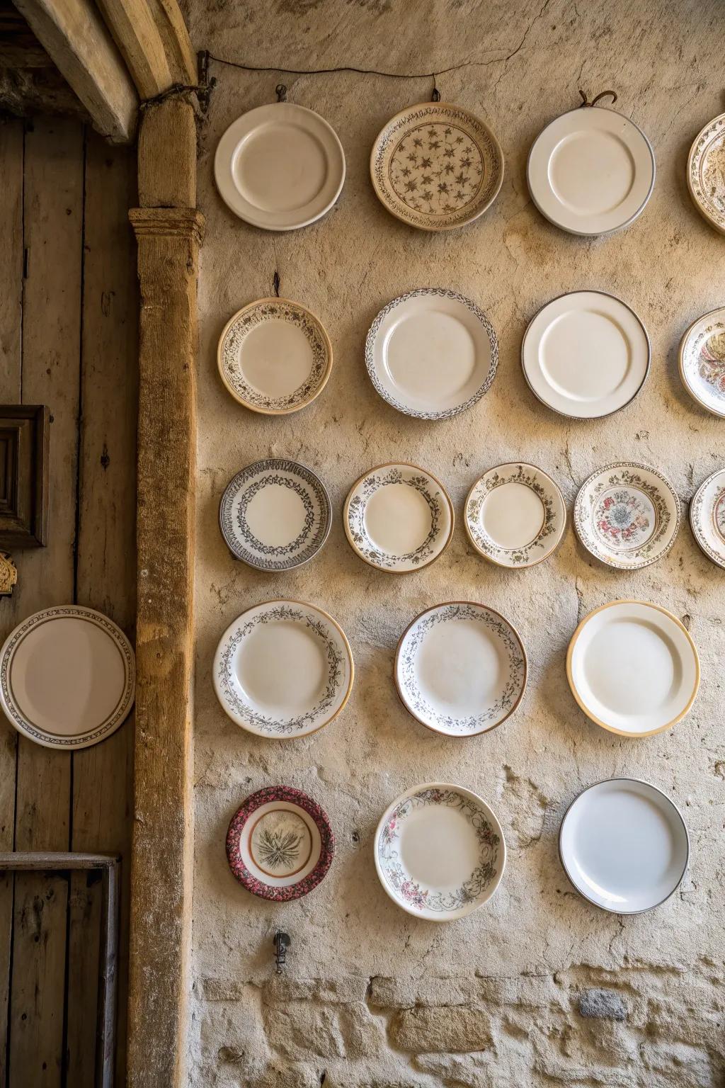 A balanced pattern of plates brings elegance to countryside wall decor.