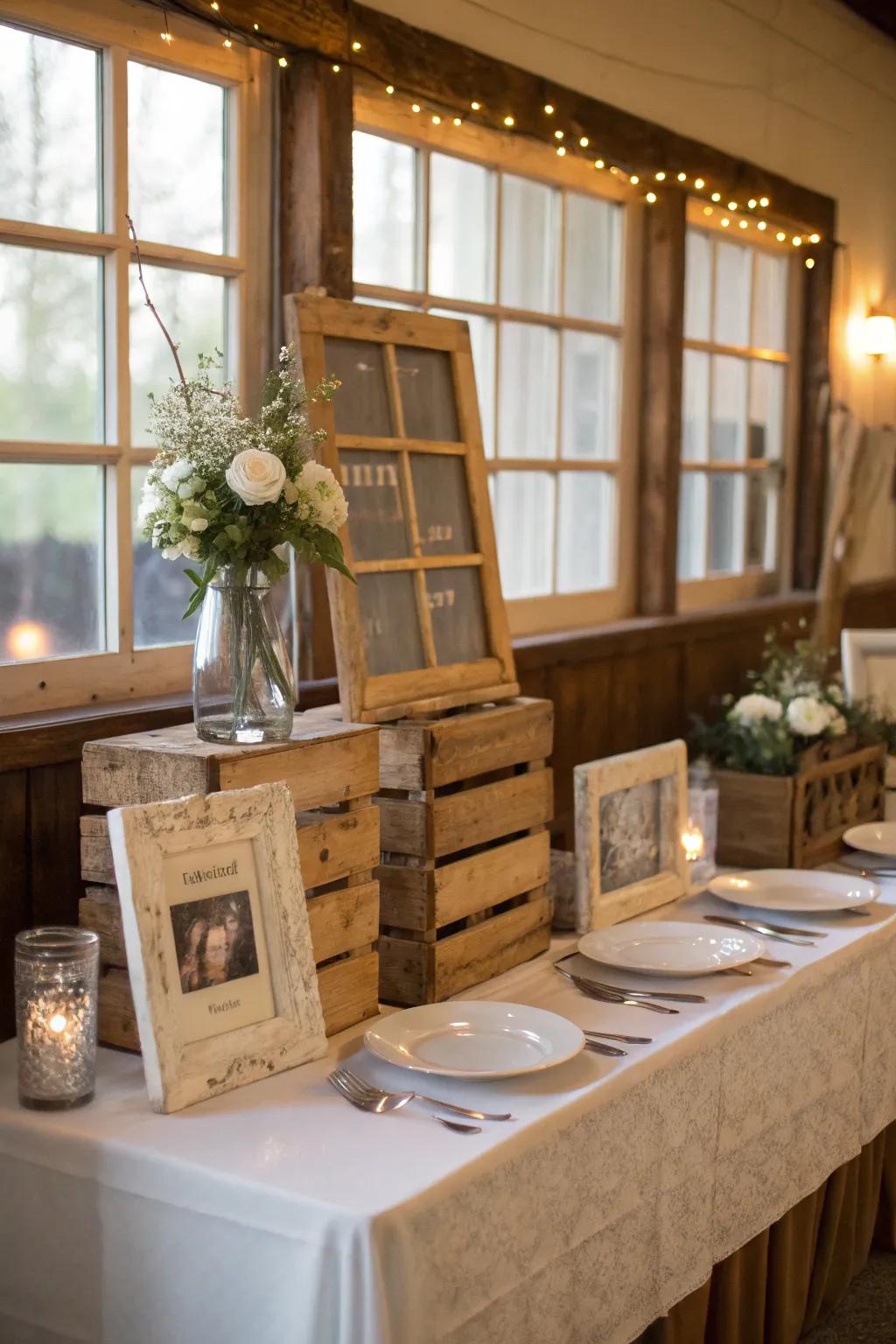 Repurposed elements contributing history and character to the countryside table.
