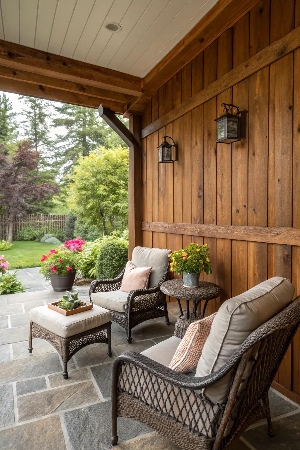 Exterior paneling establishes a comfy, cabin-like escape on the patio.
