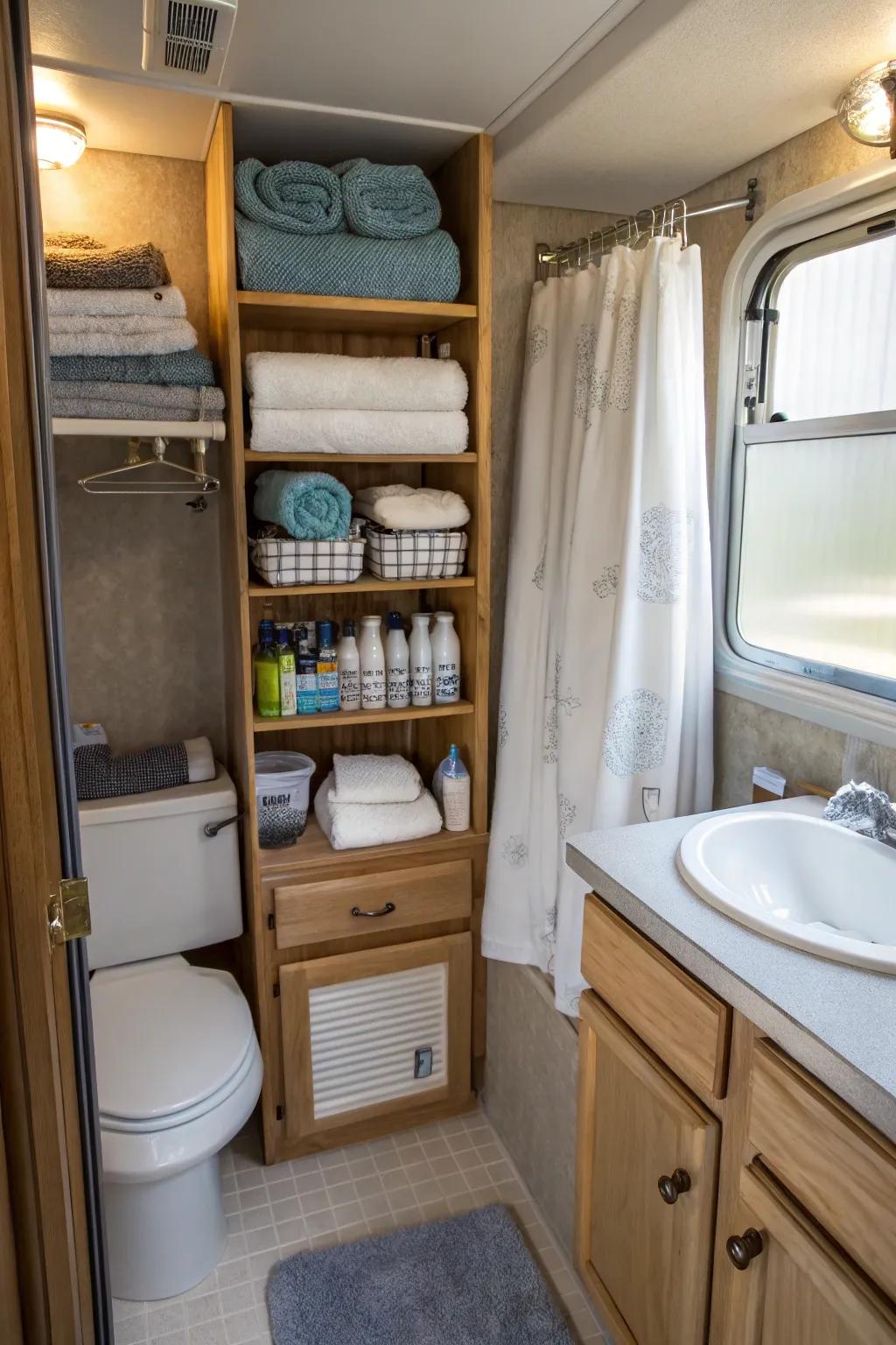 Make use of upright space with over-the-toilet shelving.