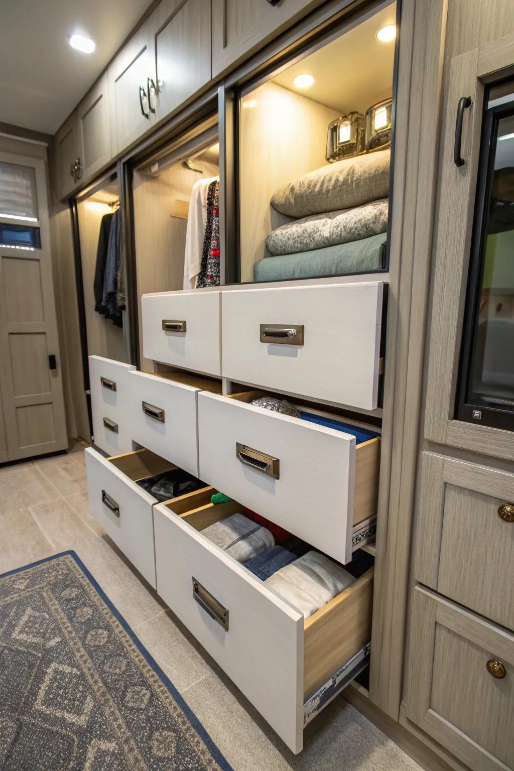 Pull-out drawers enhance organization and accessibility.