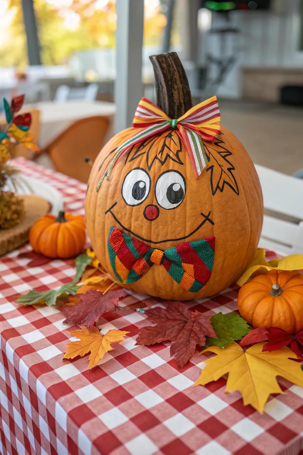 A festive neck adornment adorns the scarecrow pumpkin.