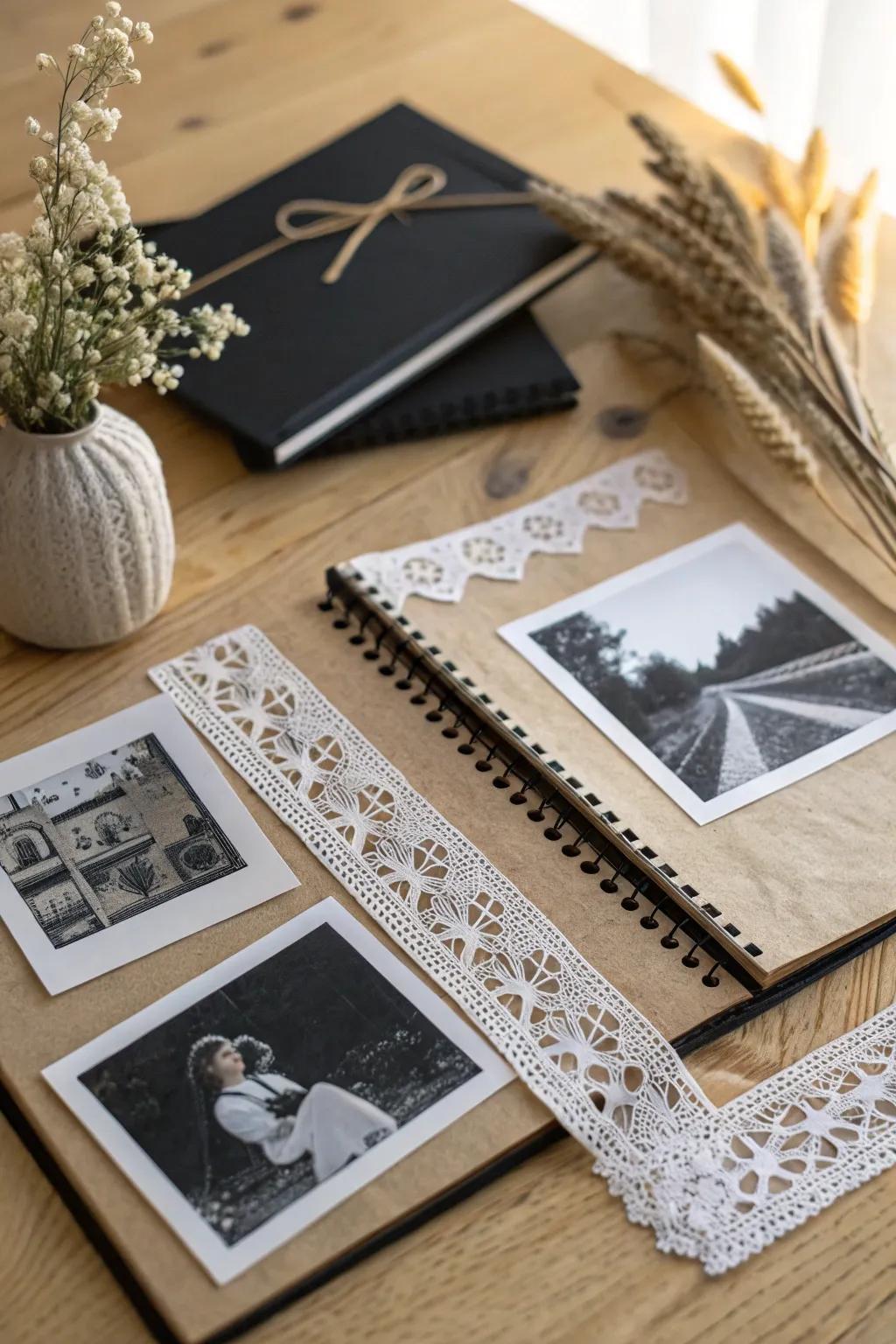 Embrace the ageless elegance of jet and ivory for your scrapbook masterpiece.