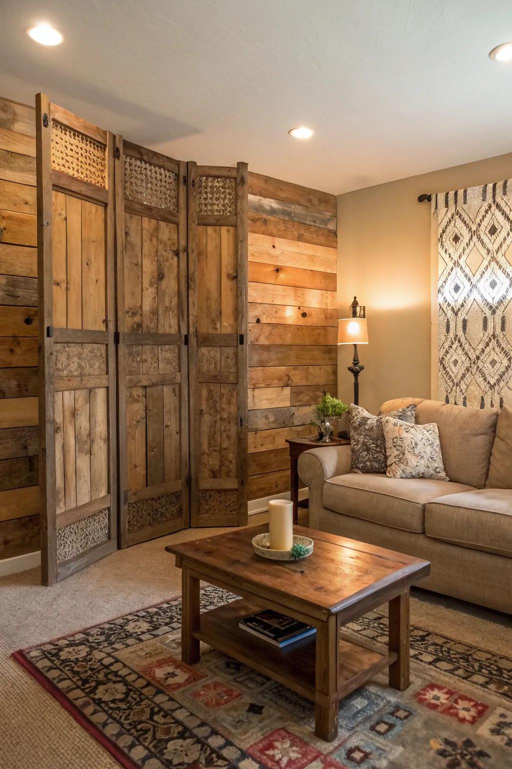 Country partitions provide warmth using salvaged lumber.