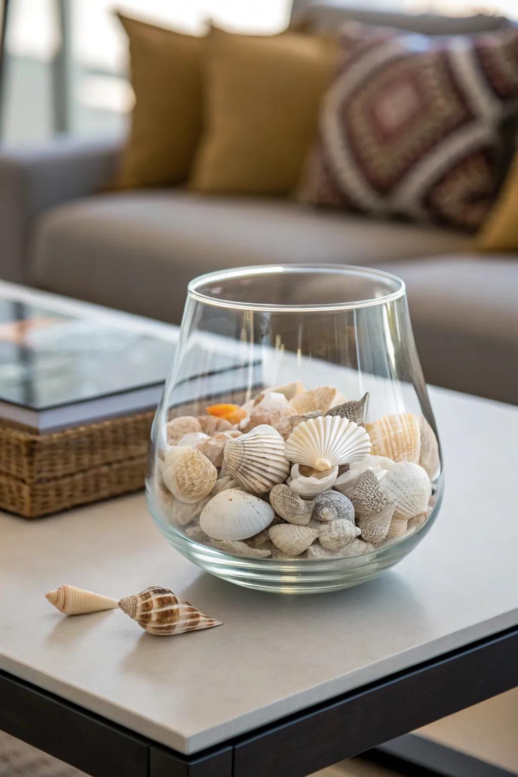 A vase saturated with seashells effortlessly enhances coastal decor.