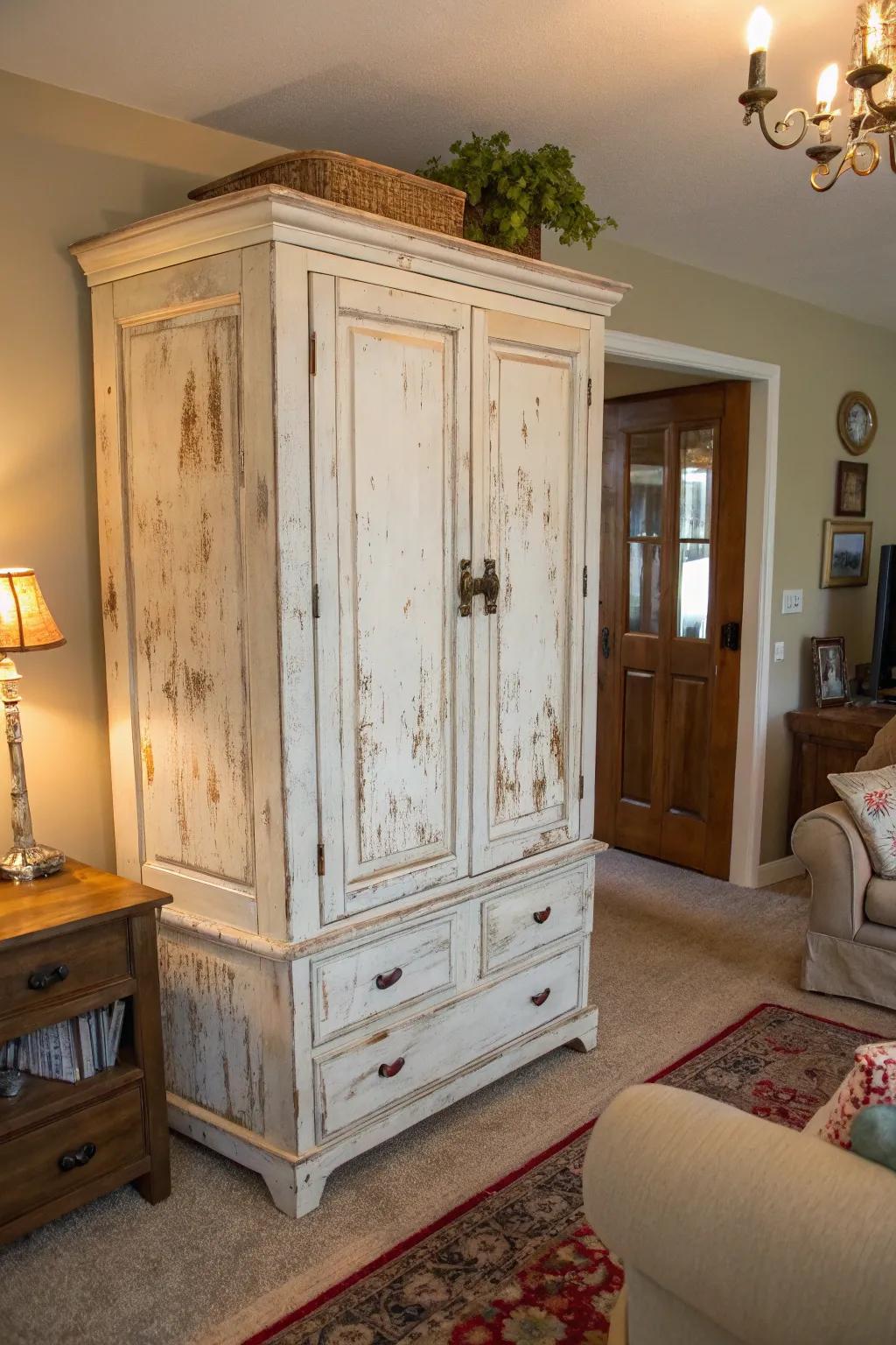 A distressed wardrobe provides both storage and flair.